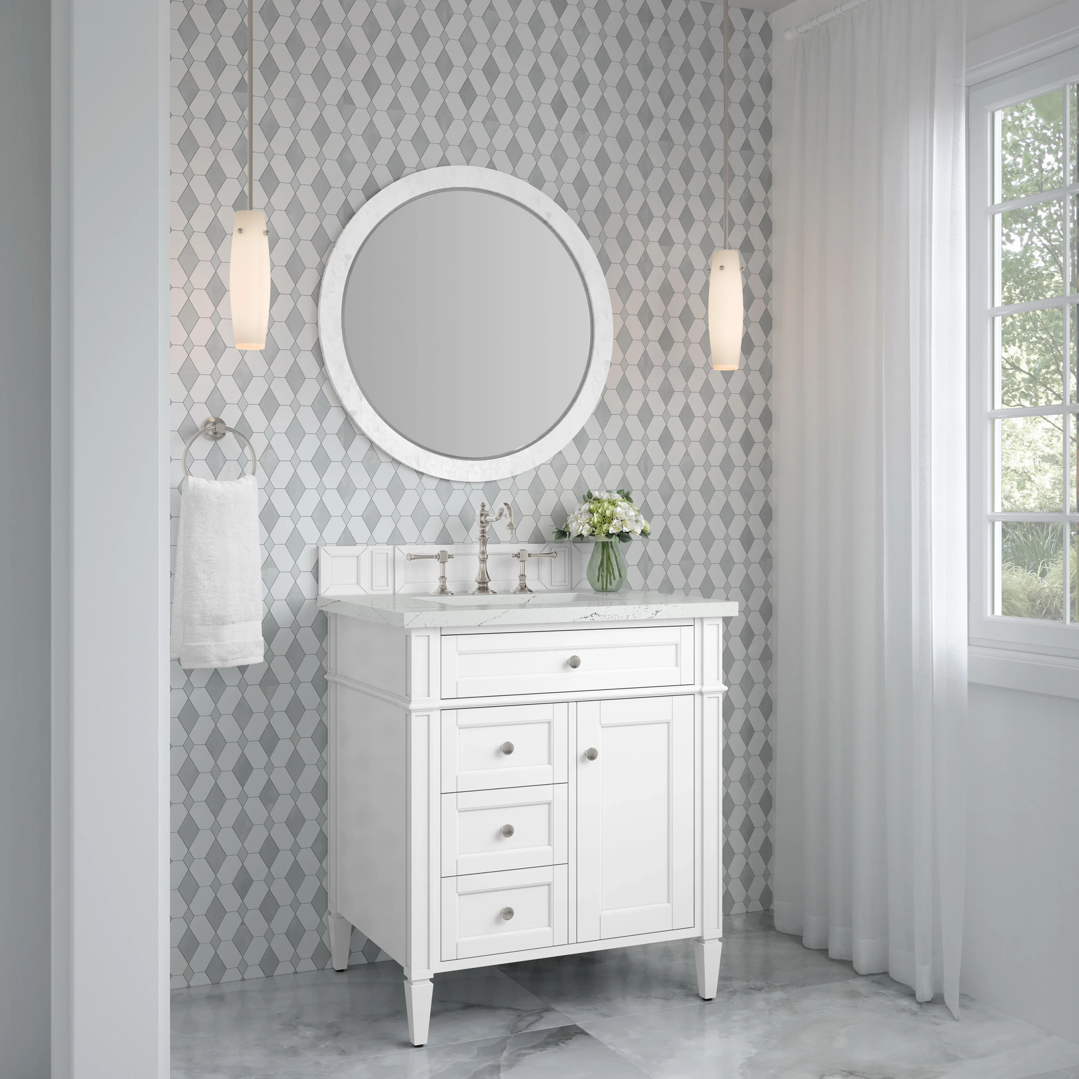 Brittany 30" Single Vanity, Bright White, w/ 3 CM Ethereal Noctis Silestone Top