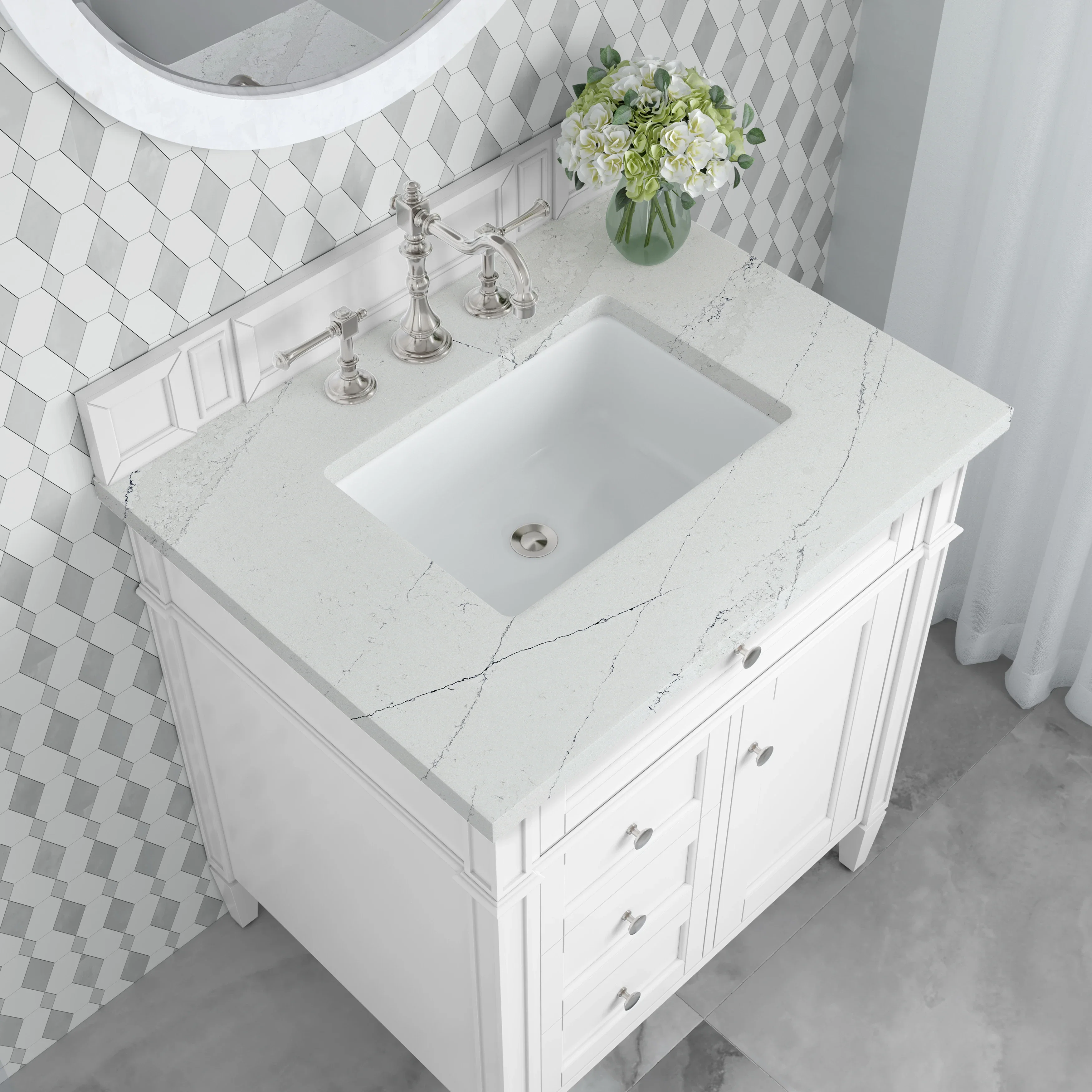 Brittany 30" Single Vanity, Bright White, w/ 3 CM Ethereal Noctis Silestone Top
