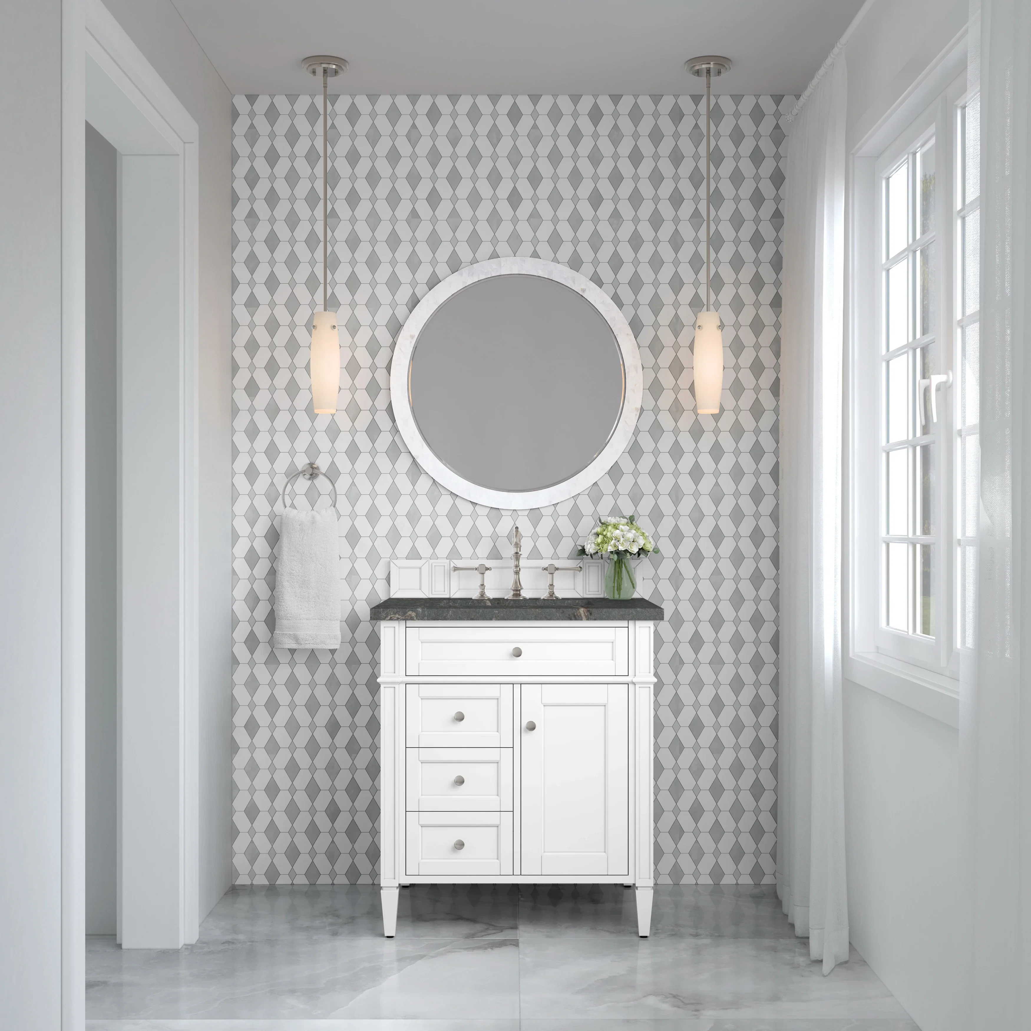 Brittany 30" Single Vanity, Bright White, w/ 3 CM Parisien Bleu Silestone Top