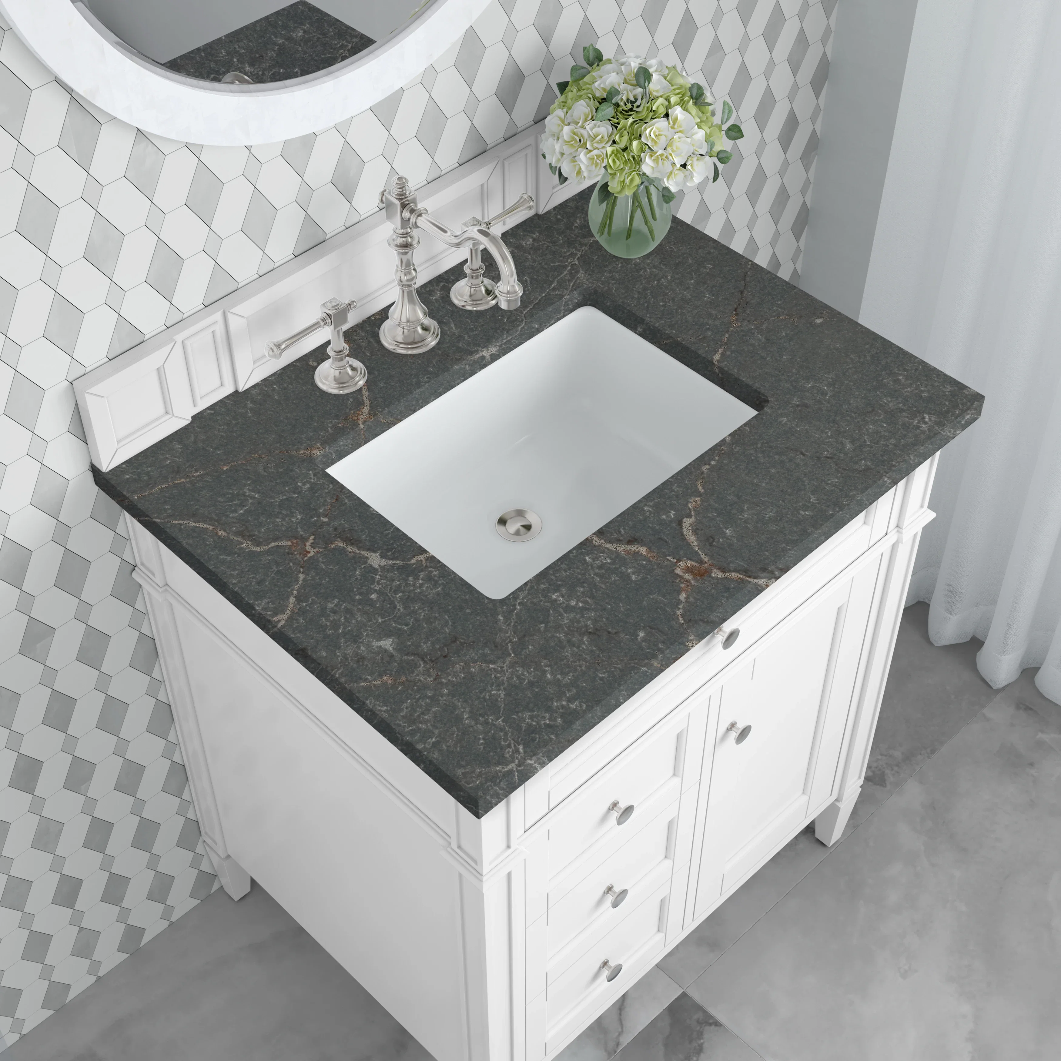 Brittany 30" Single Vanity, Bright White, w/ 3 CM Parisien Bleu Silestone Top
