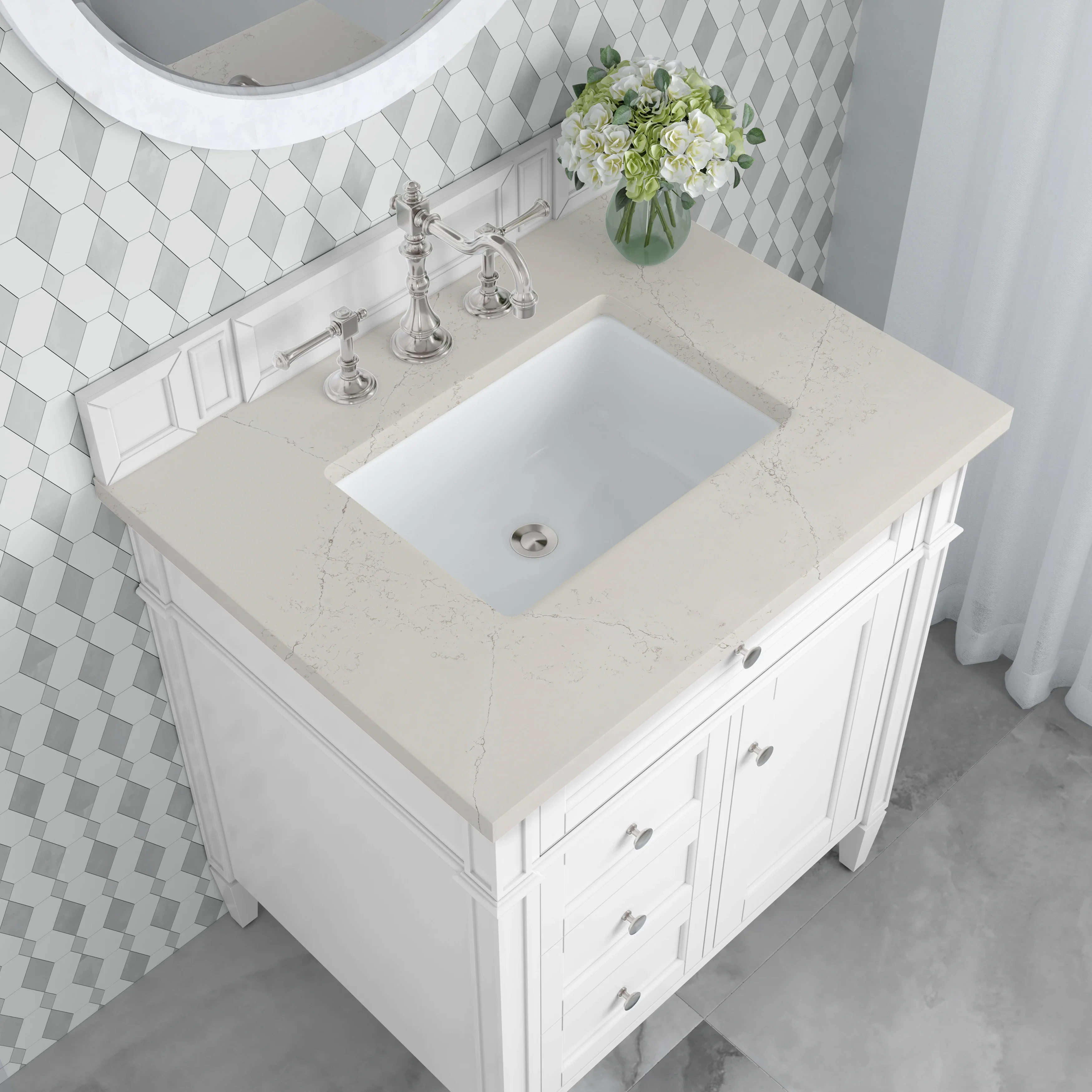 Brittany 30" Single Vanity in Bright White, w/ 3 CM Siberian Silestone Top