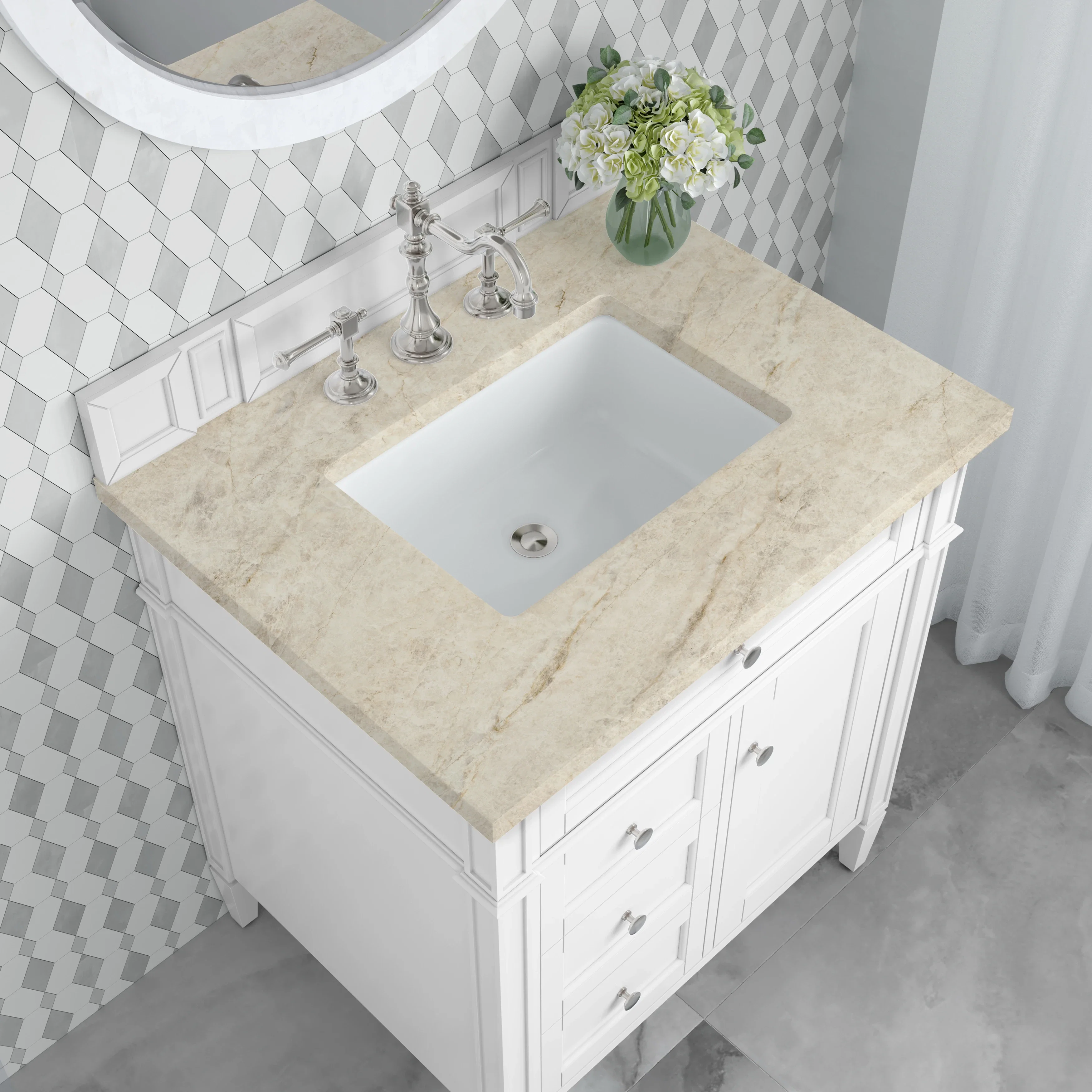 Brittany 30" Single Vanity in Bright White, w/ 3 CM Tajnar Eclos Top