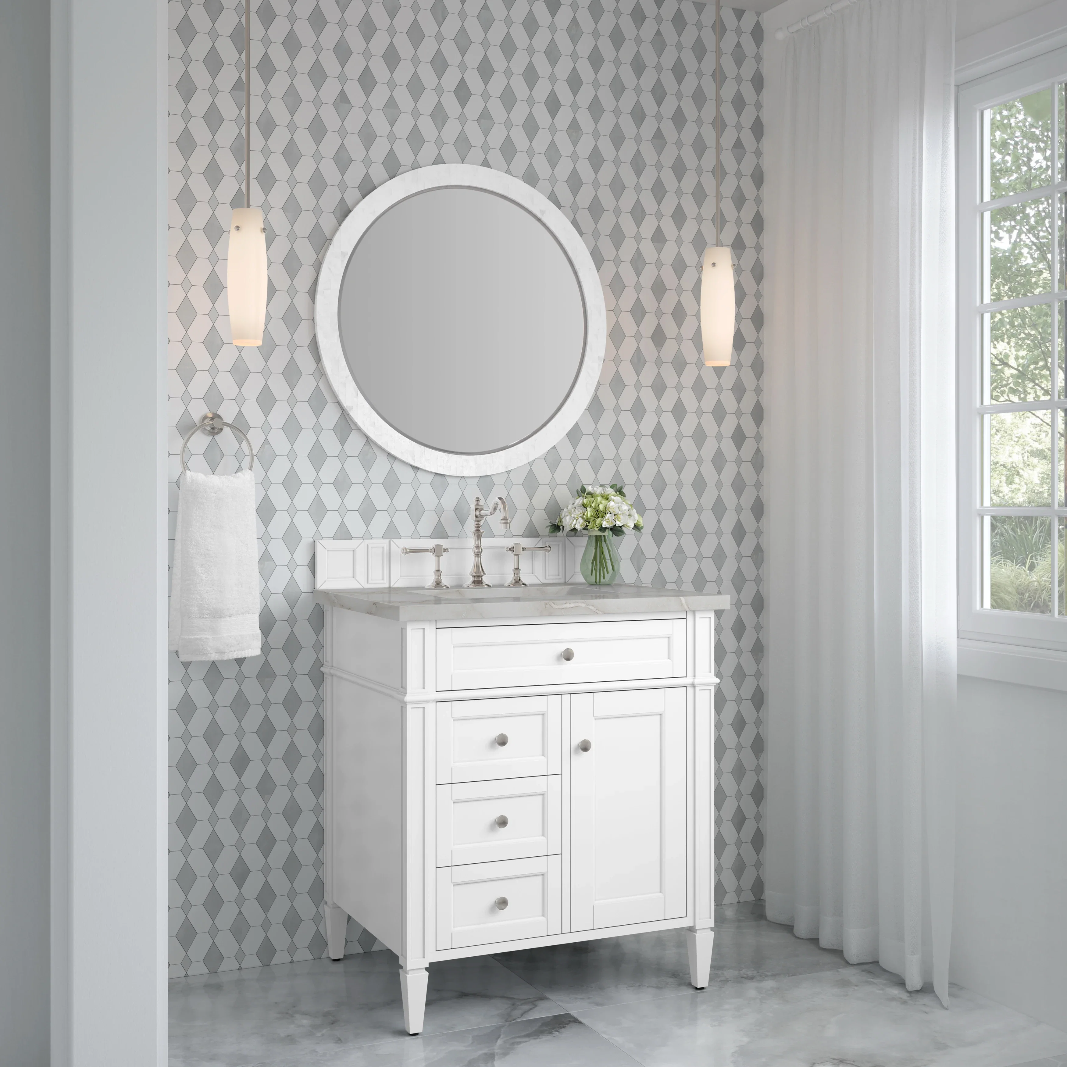 Brittany 30" Single Vanity, Bright White, w/ 3 CM Victorian Silver Silestone Top