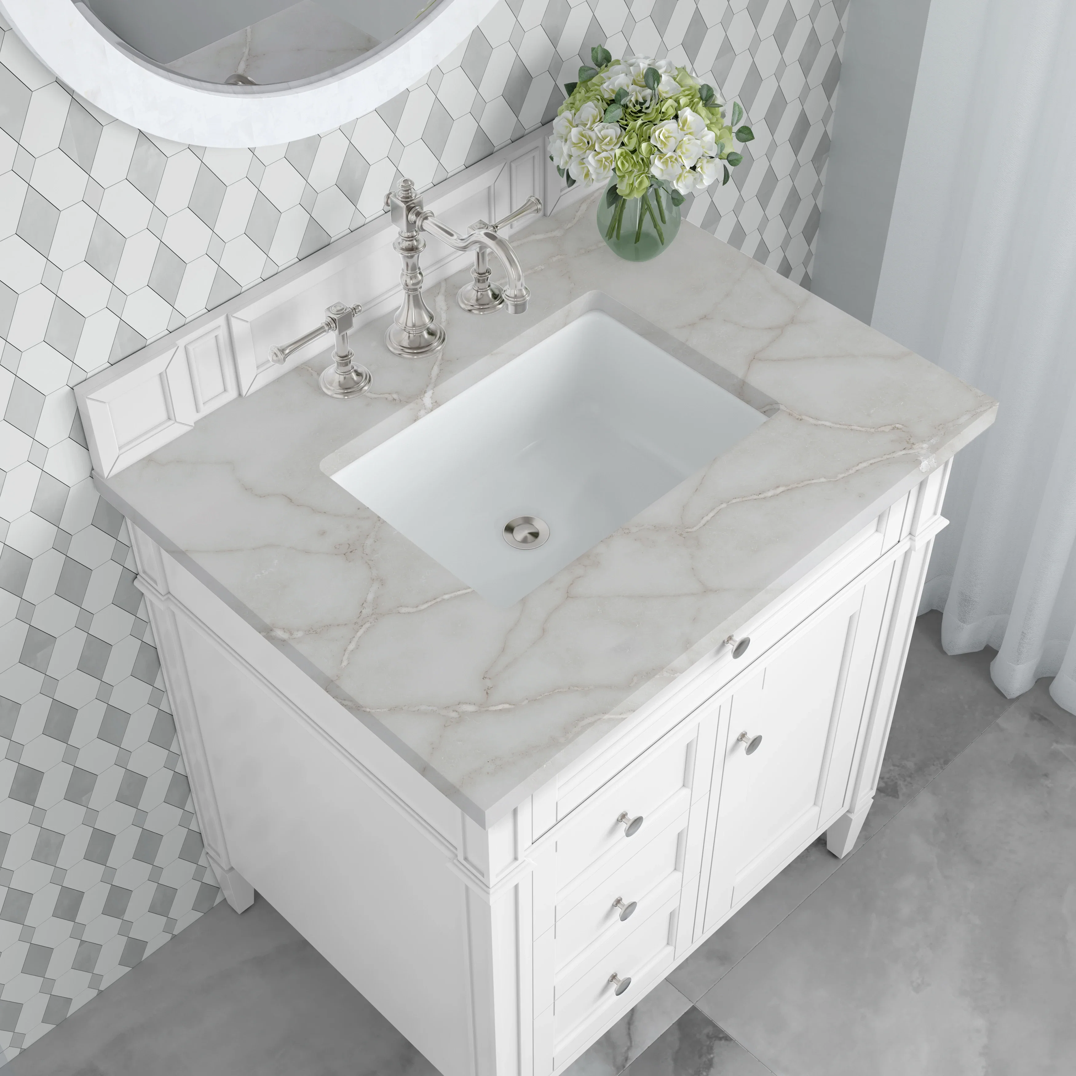 Brittany 30" Single Vanity, Bright White, w/ 3 CM Victorian Silver Silestone Top
