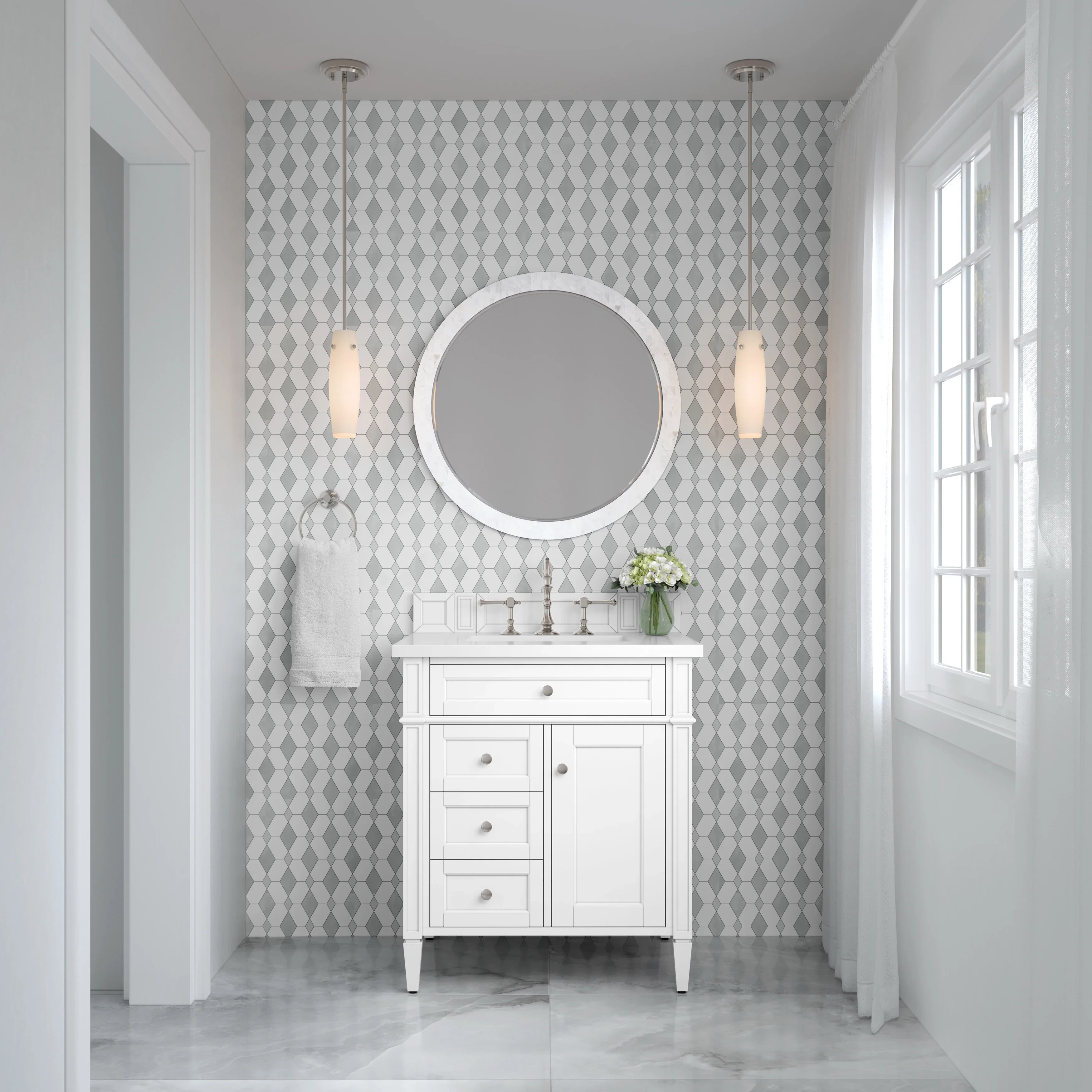 Brittany 30" Single Vanity, Bright White, w/ 3 CM White Zeus Silestone Top