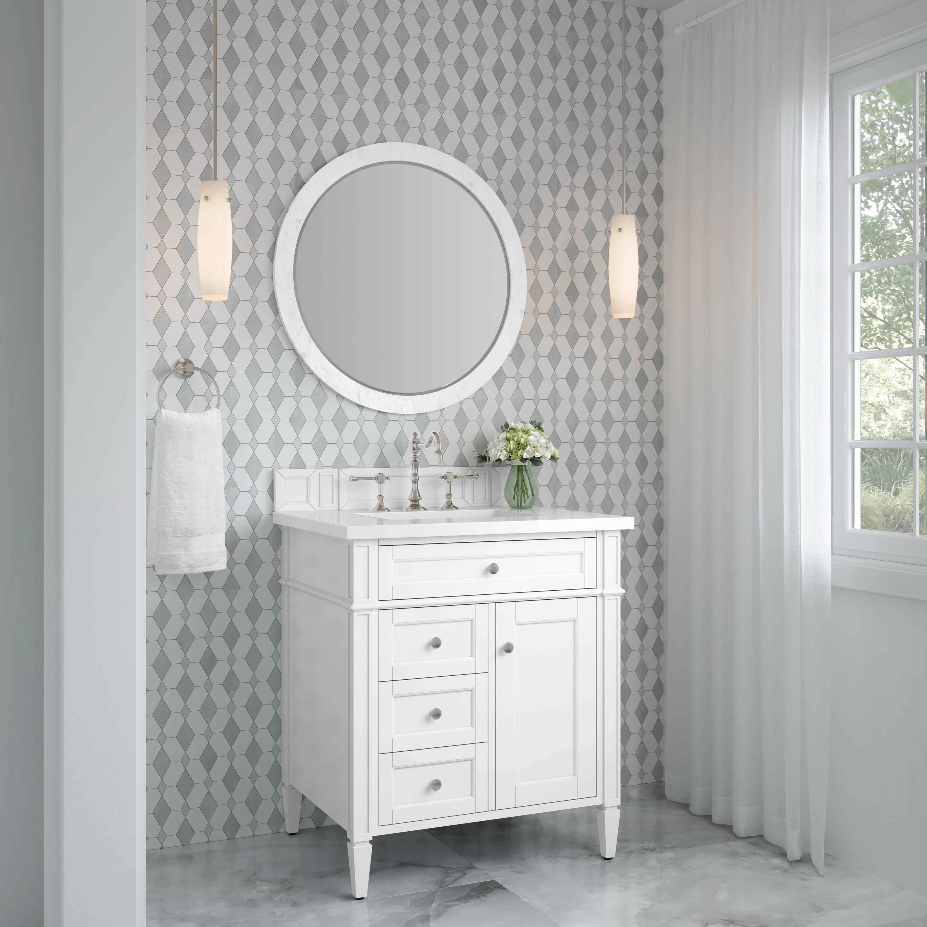 Brittany 30" Single Vanity, Bright White, w/ 3 CM White Zeus Silestone Top