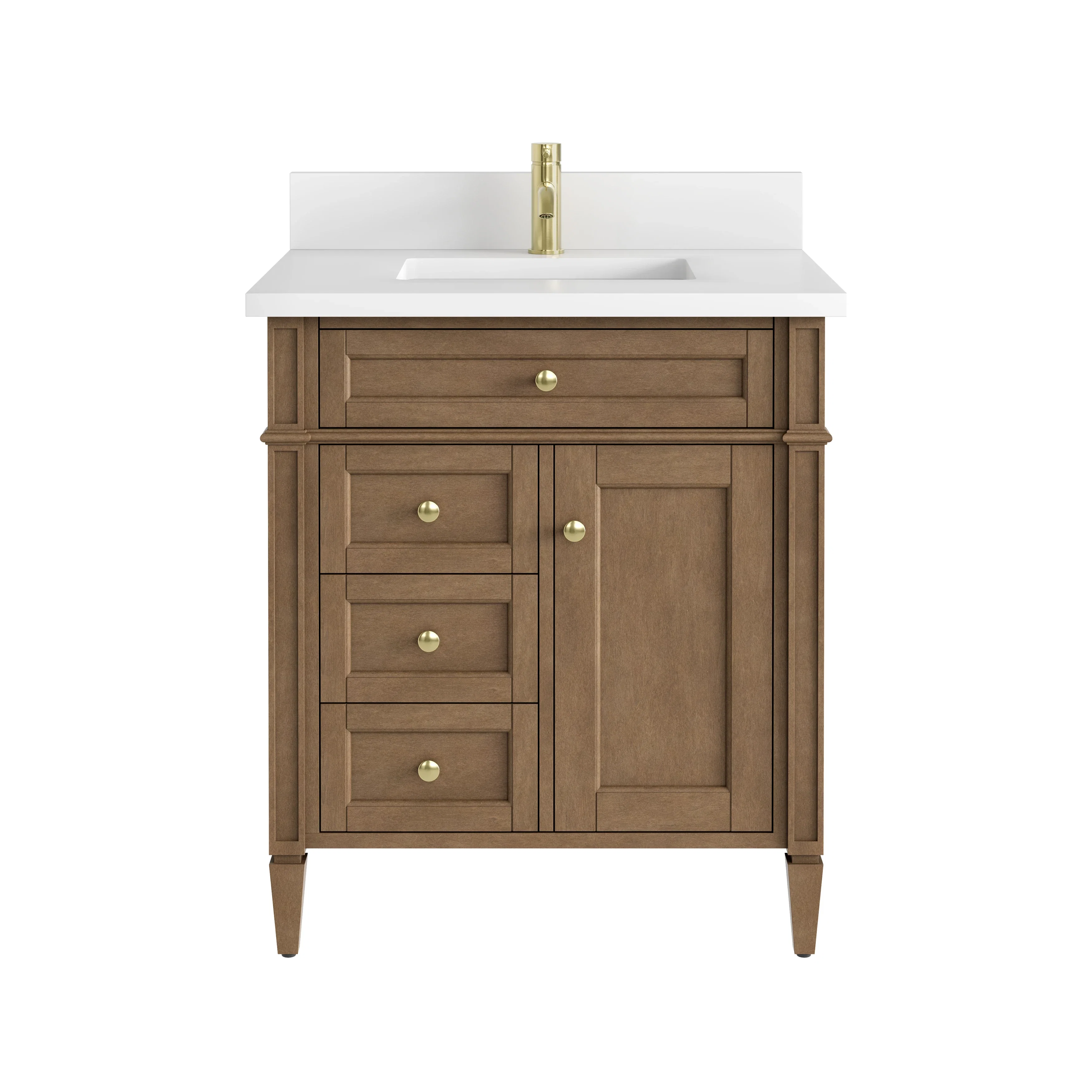 Brittany 30" Single Vanity, Pecan w/ Single Hole 3 CM White Zeus Silestone Top and Matching Backsplash