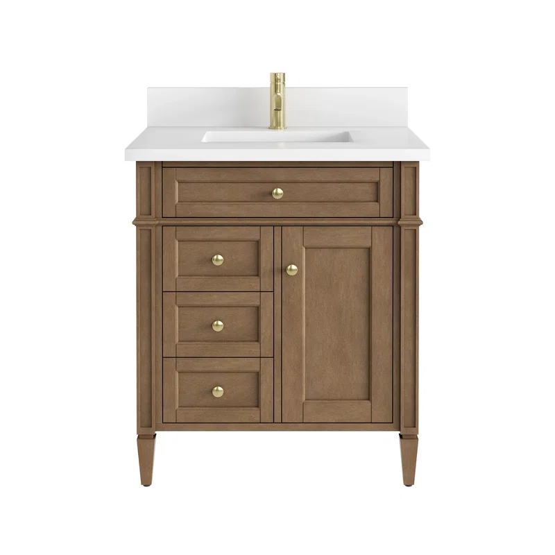 Brittany 30" Single Vanity, Pecan w/ Single Hole 3 CM White Zeus Silestone Top and Matching Backsplash