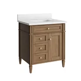 Brittany 30" Single Vanity, Pecan w/ Single Hole 3 CM White Zeus Silestone Top and Matching Backsplash