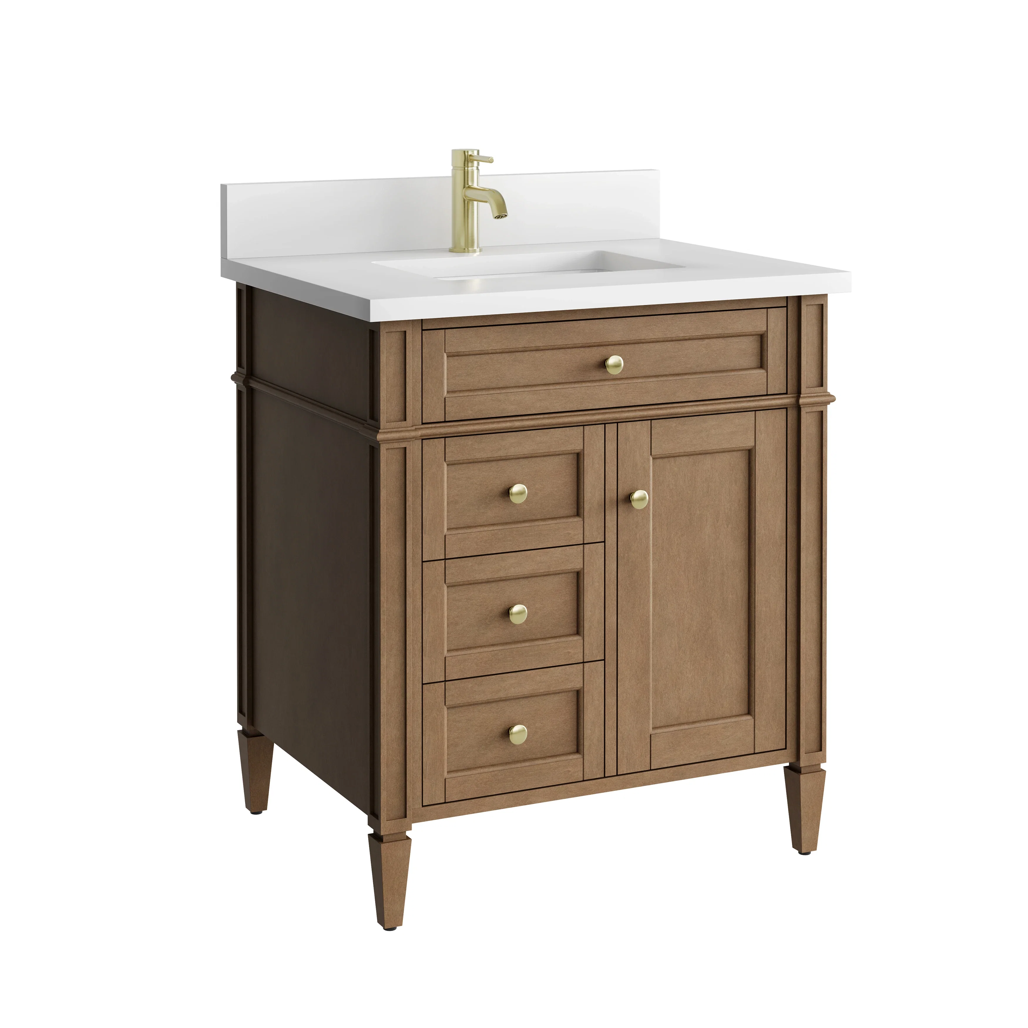 Brittany 30" Single Vanity, Pecan w/ Single Hole 3 CM White Zeus Silestone Top and Matching Backsplash