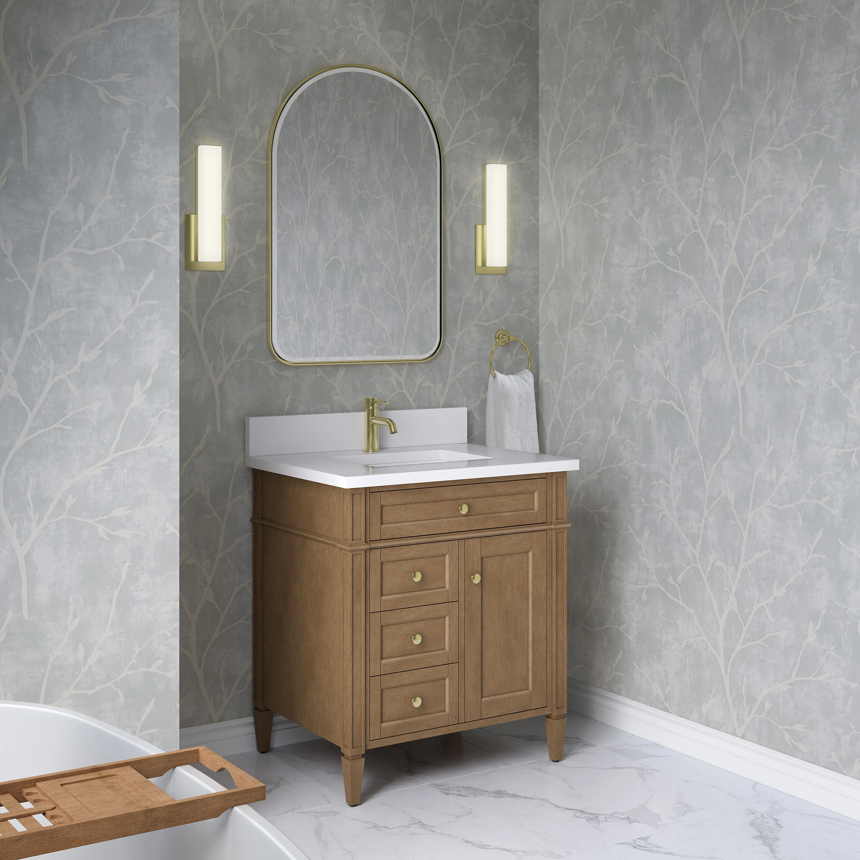 Brittany 30" Single Vanity, Pecan w/ Single Hole 3 CM White Zeus Silestone Top and Matching Backsplash