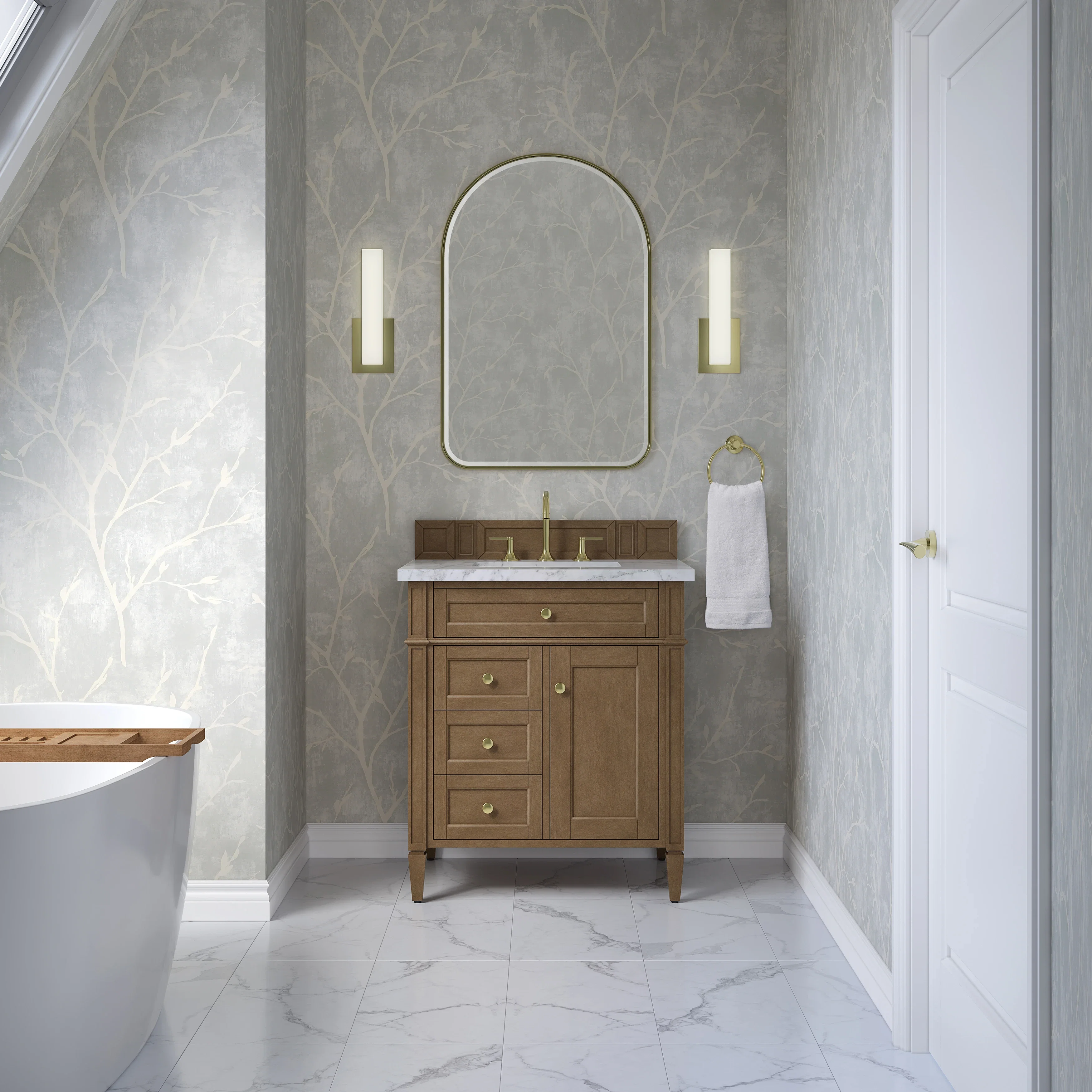 Brittany 30" Single Vanity, Pecan w/ 3 CM Carrara Marble Top