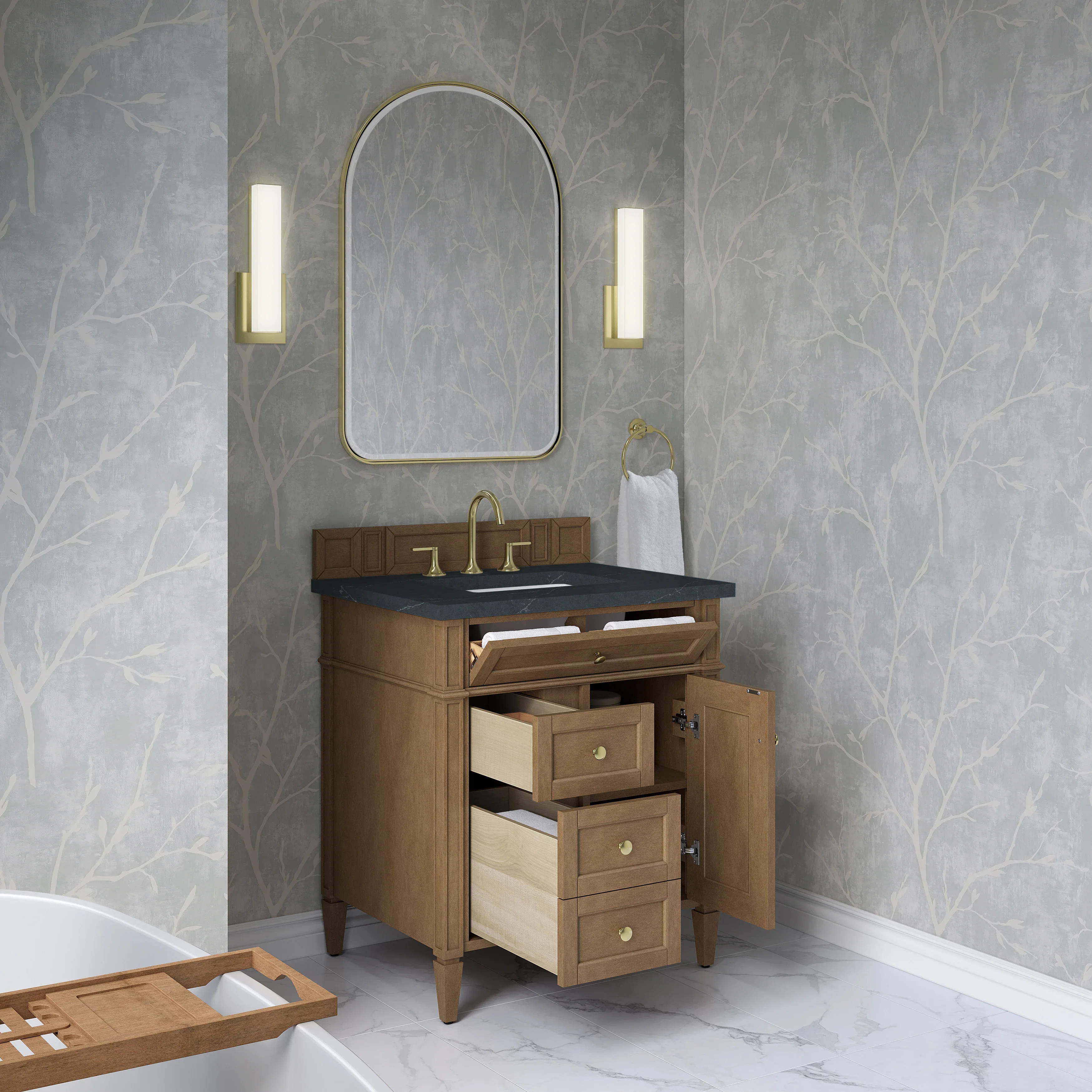 Brittany 30" Single Vanity, Pecan w/ 3 CM Charcoal Soapstone Silestone Top