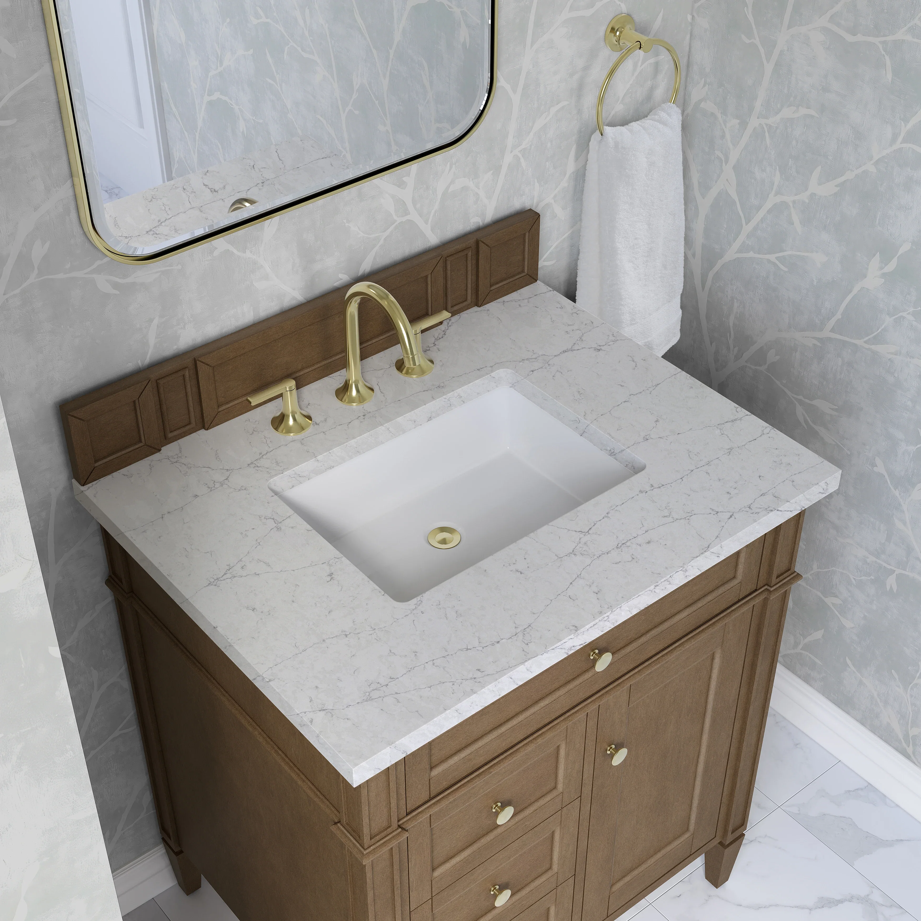 Brittany 30" Single Vanity, Pecan w/ 3 CM Eternal Jasmine Pearl Silestone Top