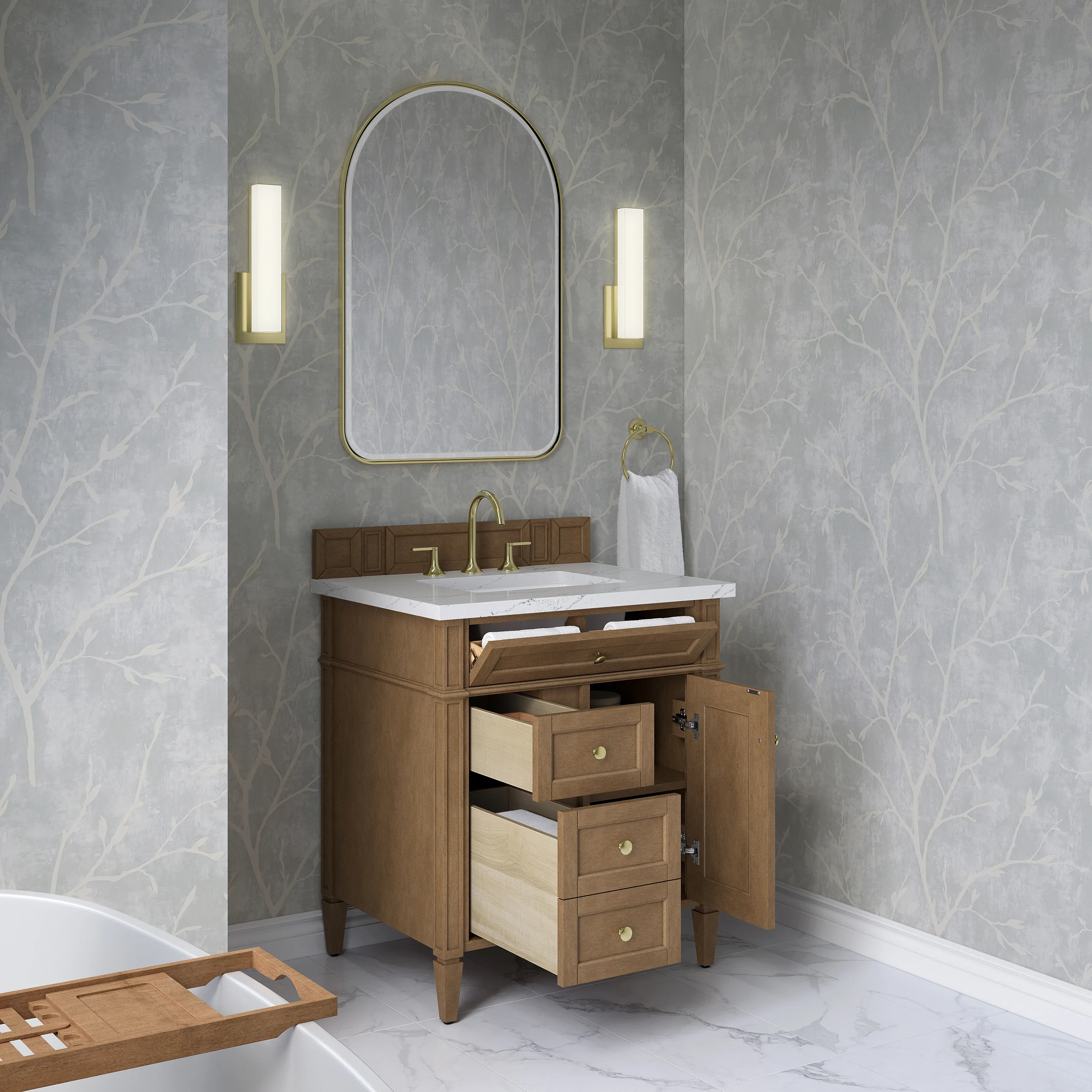 Brittany 30" Single Vanity, Pecan w/ 3 CM Ethereal Noctis Silestone Top