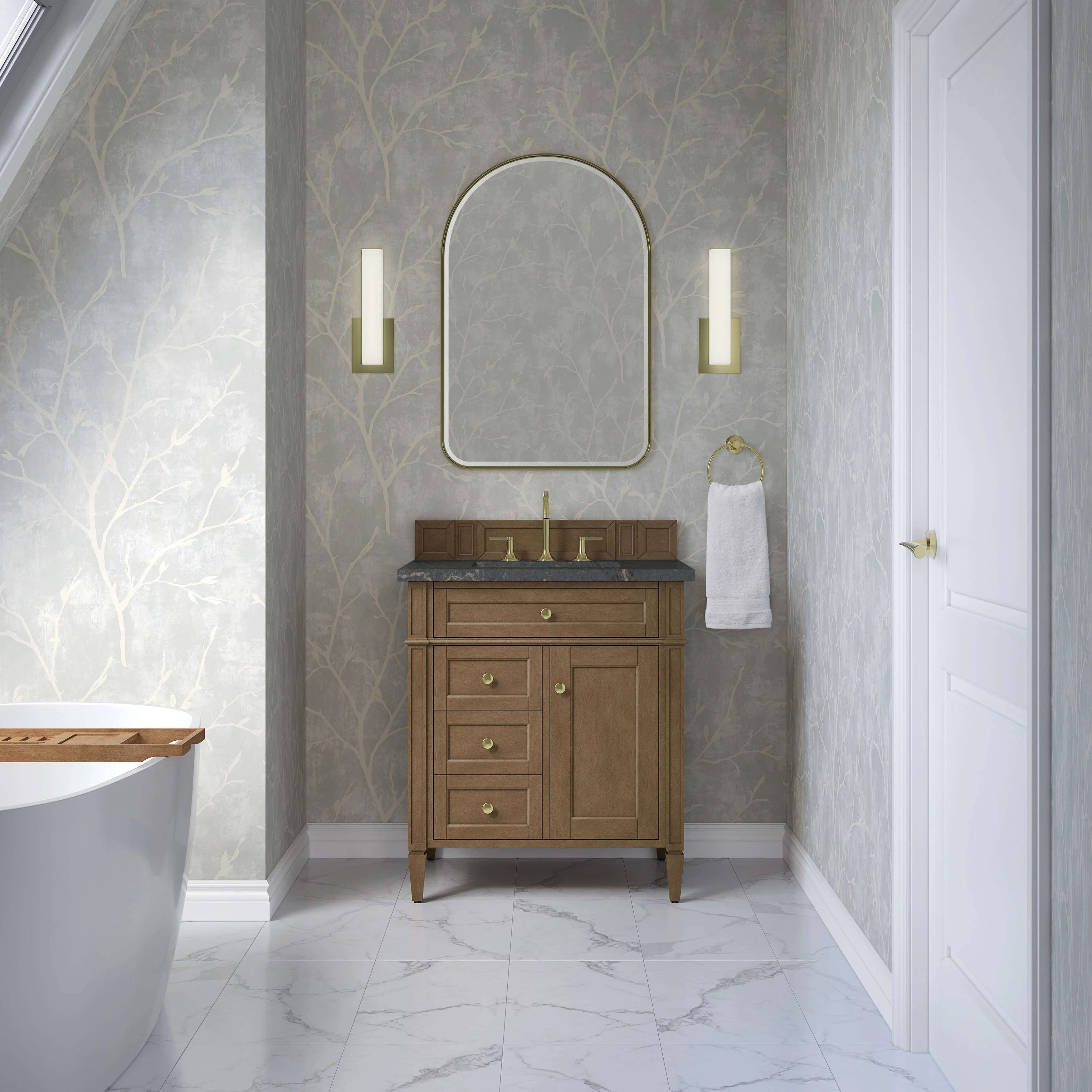 Brittany 30" Single Vanity, Pecan w/ 3 CM Parisien Bleu Silestone Top