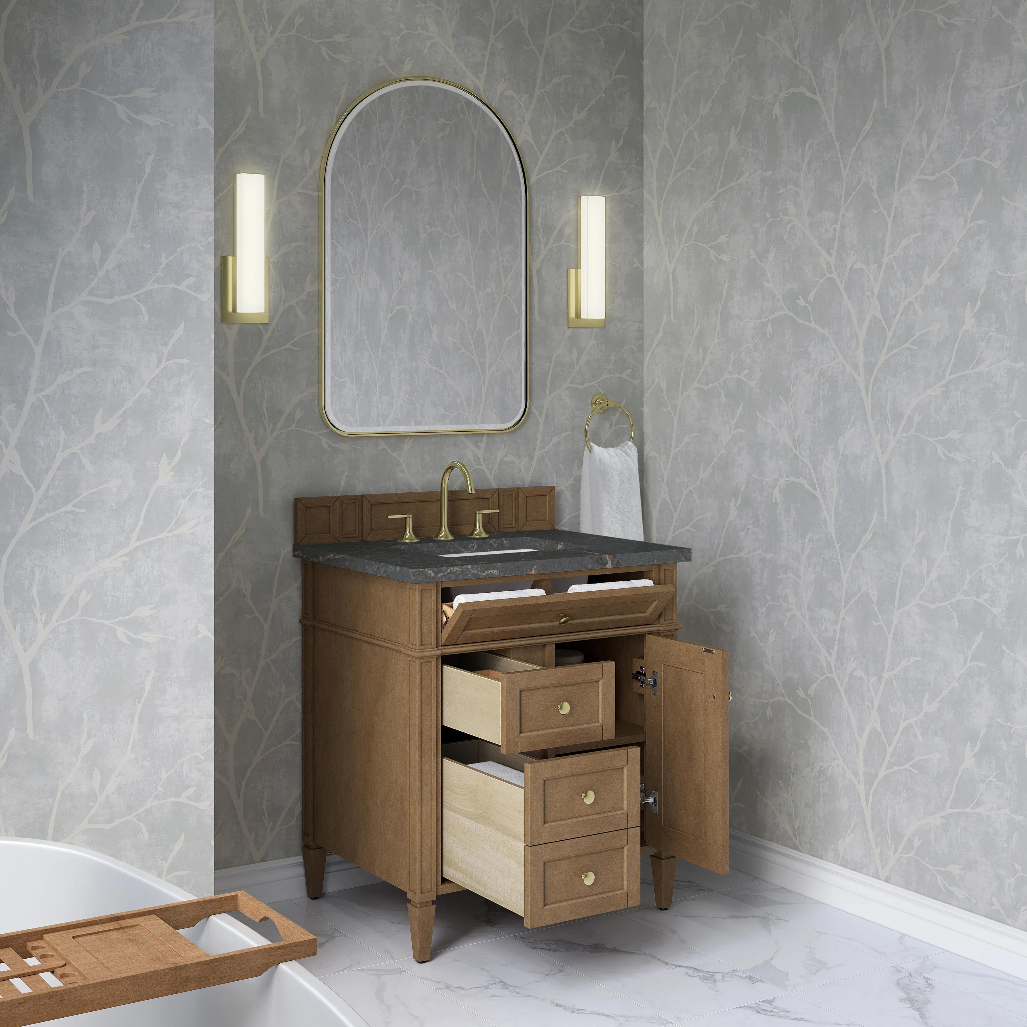 Brittany 30" Single Vanity, Pecan w/ 3 CM Parisien Bleu Silestone Top