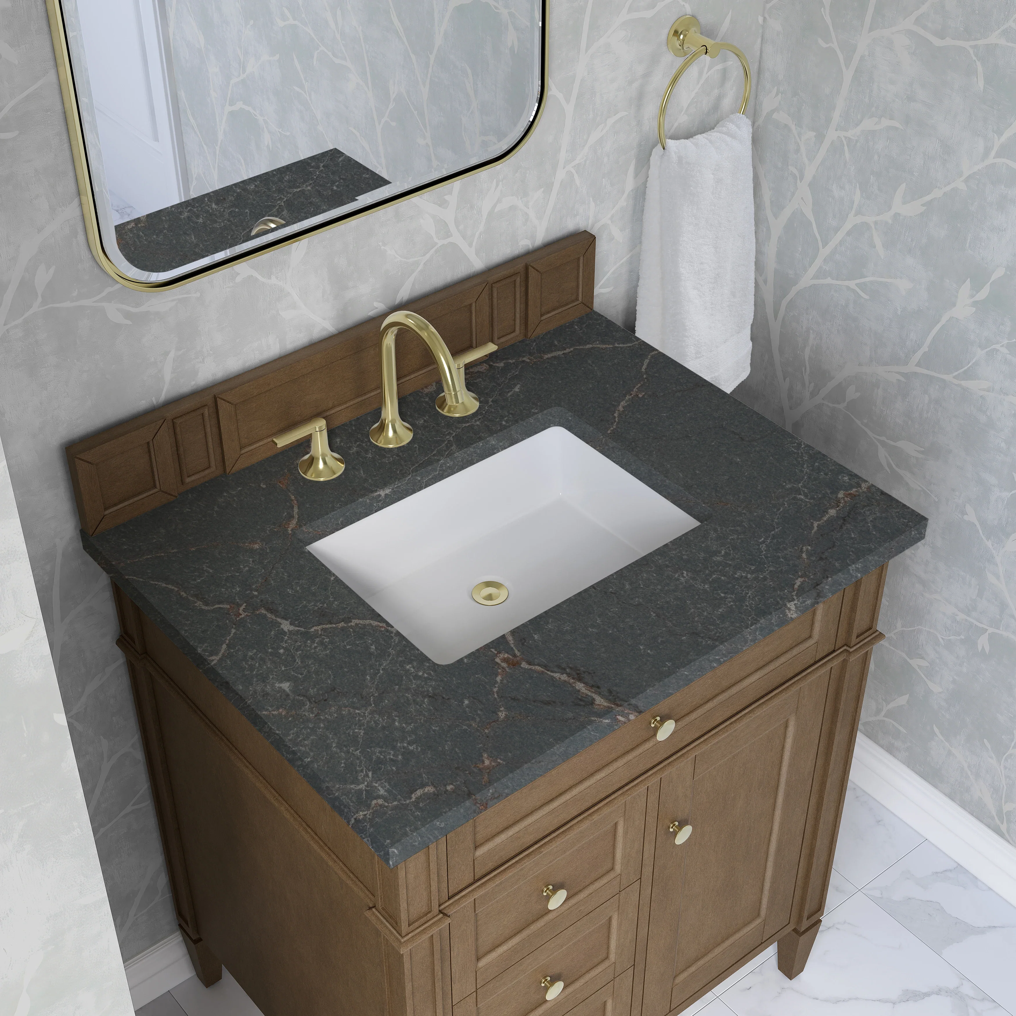 Brittany 30" Single Vanity, Pecan w/ 3 CM Parisien Bleu Silestone Top