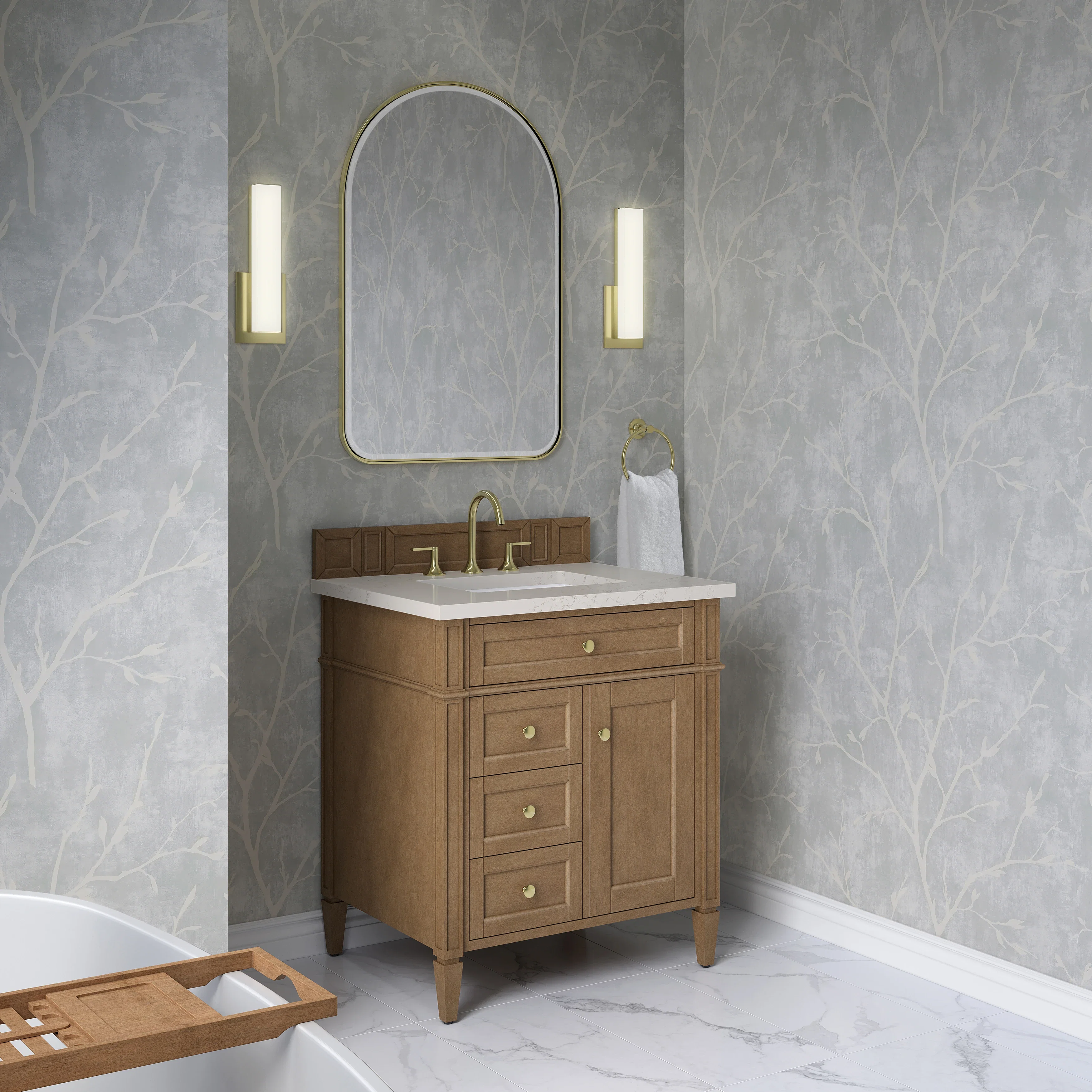 Brittany 30" Single Vanity, Pecan w/ 3 CM Siberian Silestone Top
