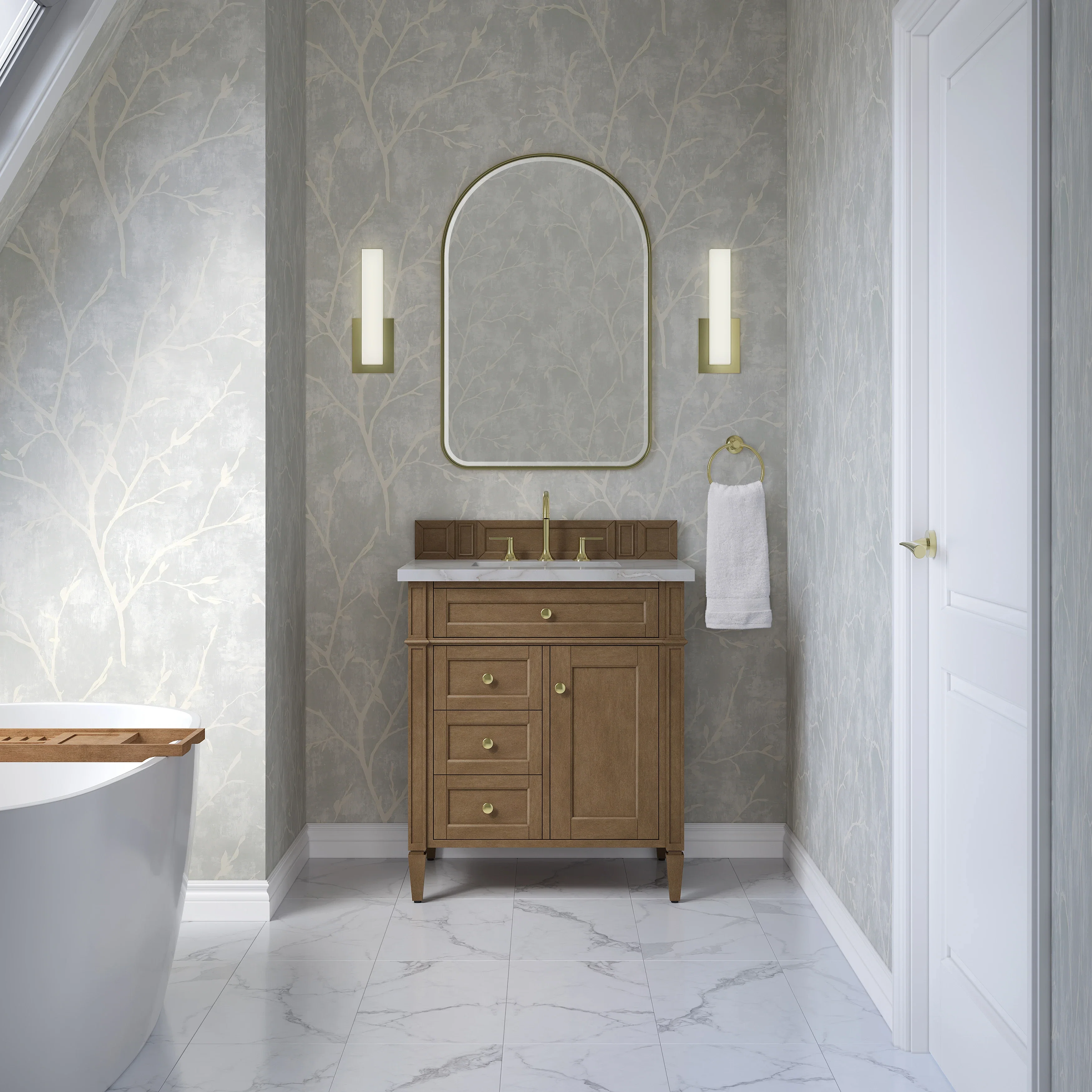 Brittany 30" Single Vanity, Pecan w/ 3 CM Victorian Silver Silestone Top