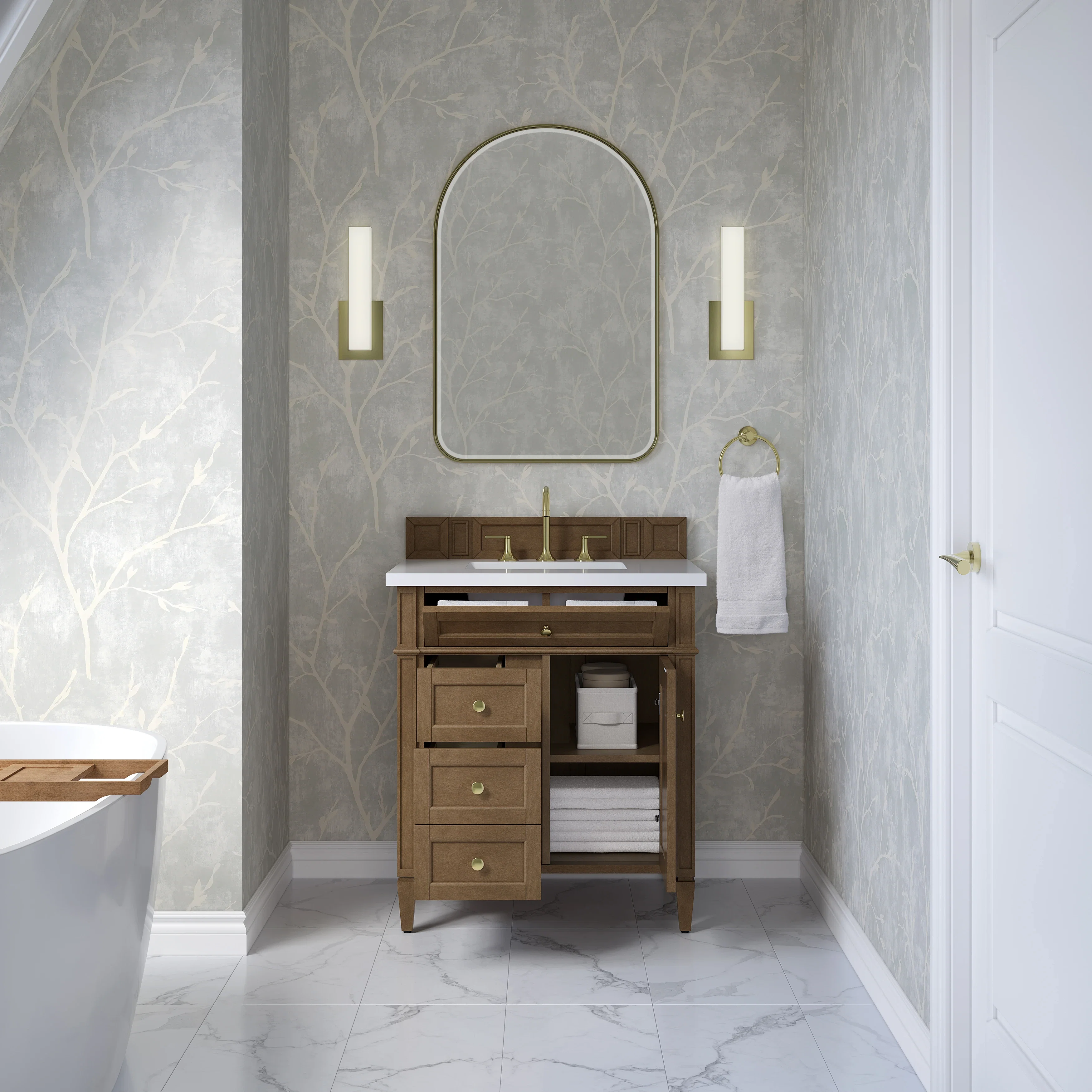 Brittany 30" Single Vanity, Pecan w/ 3 CM White Zeus Silestone Top