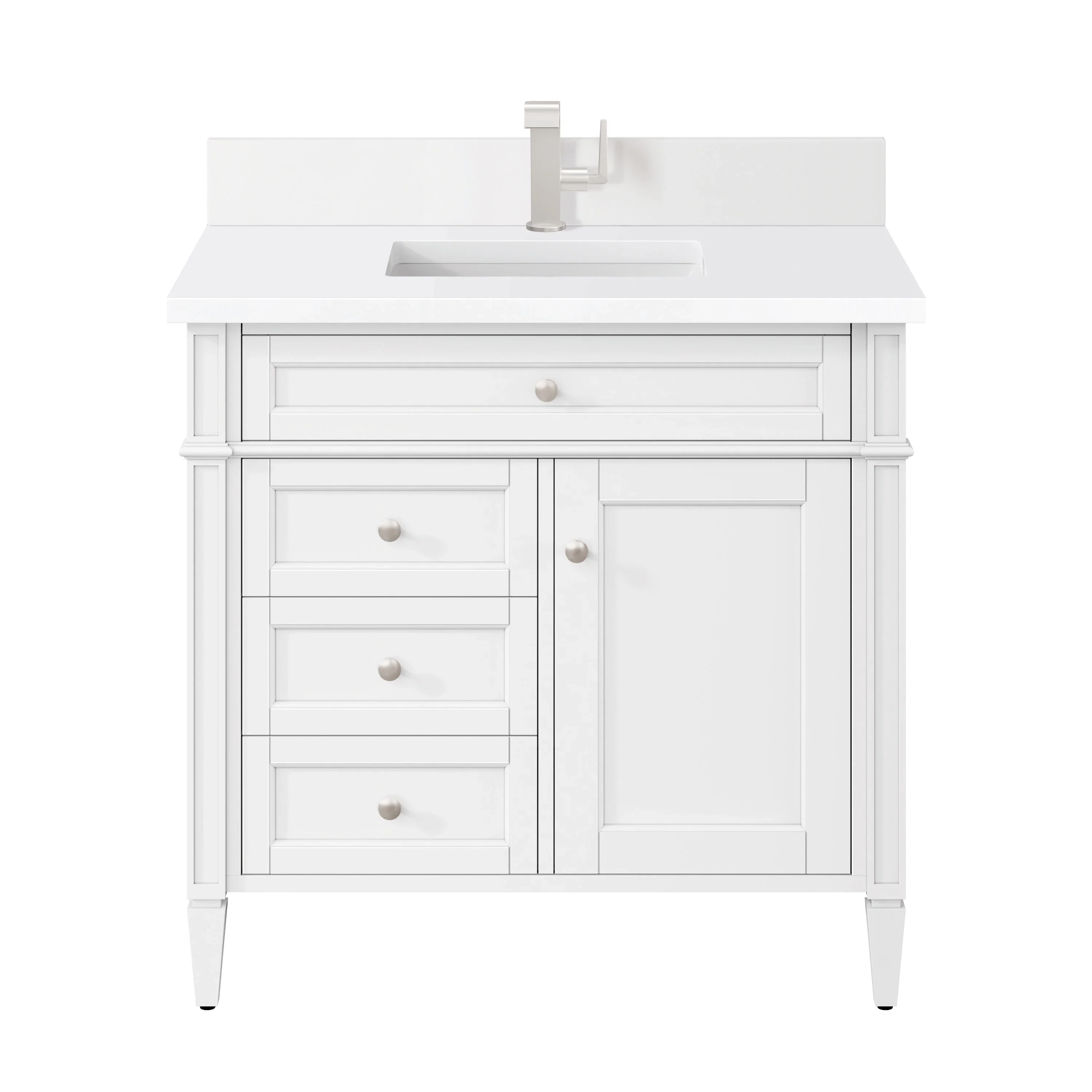 Brittany 36" Single Vanity, Bright White w/ Single Hole 3 CM White Zeus Silestone Top & Backsplash