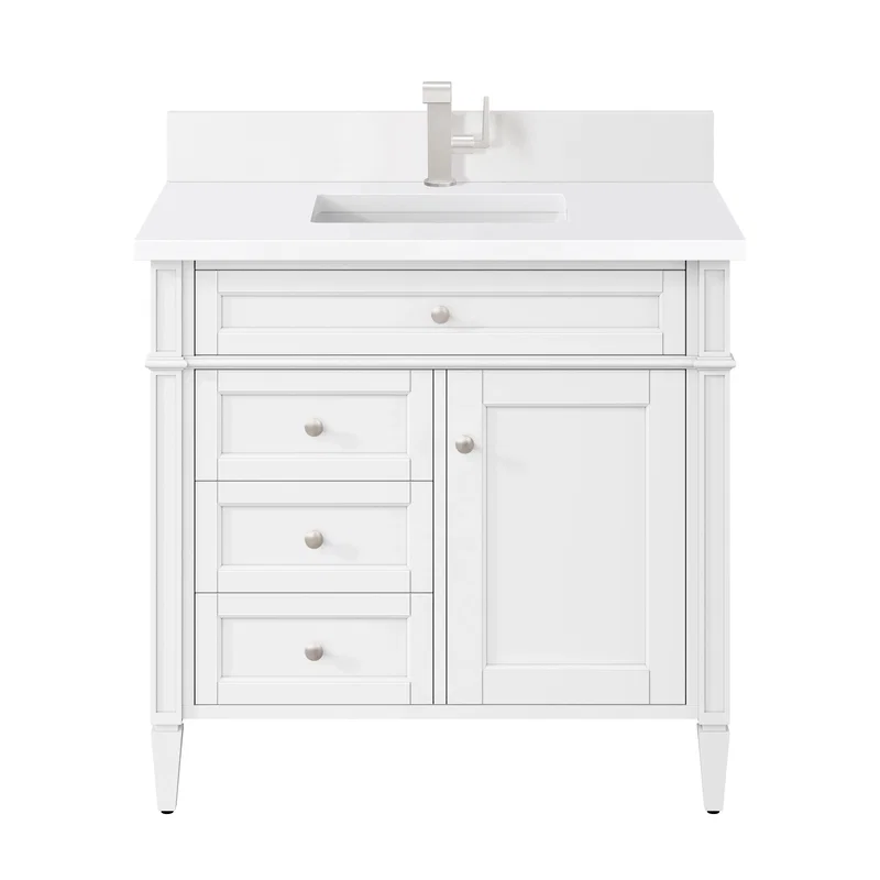 Brittany 36" Single Vanity, Bright White w/ Single Hole 3 CM White Zeus Silestone Top & Backsplash