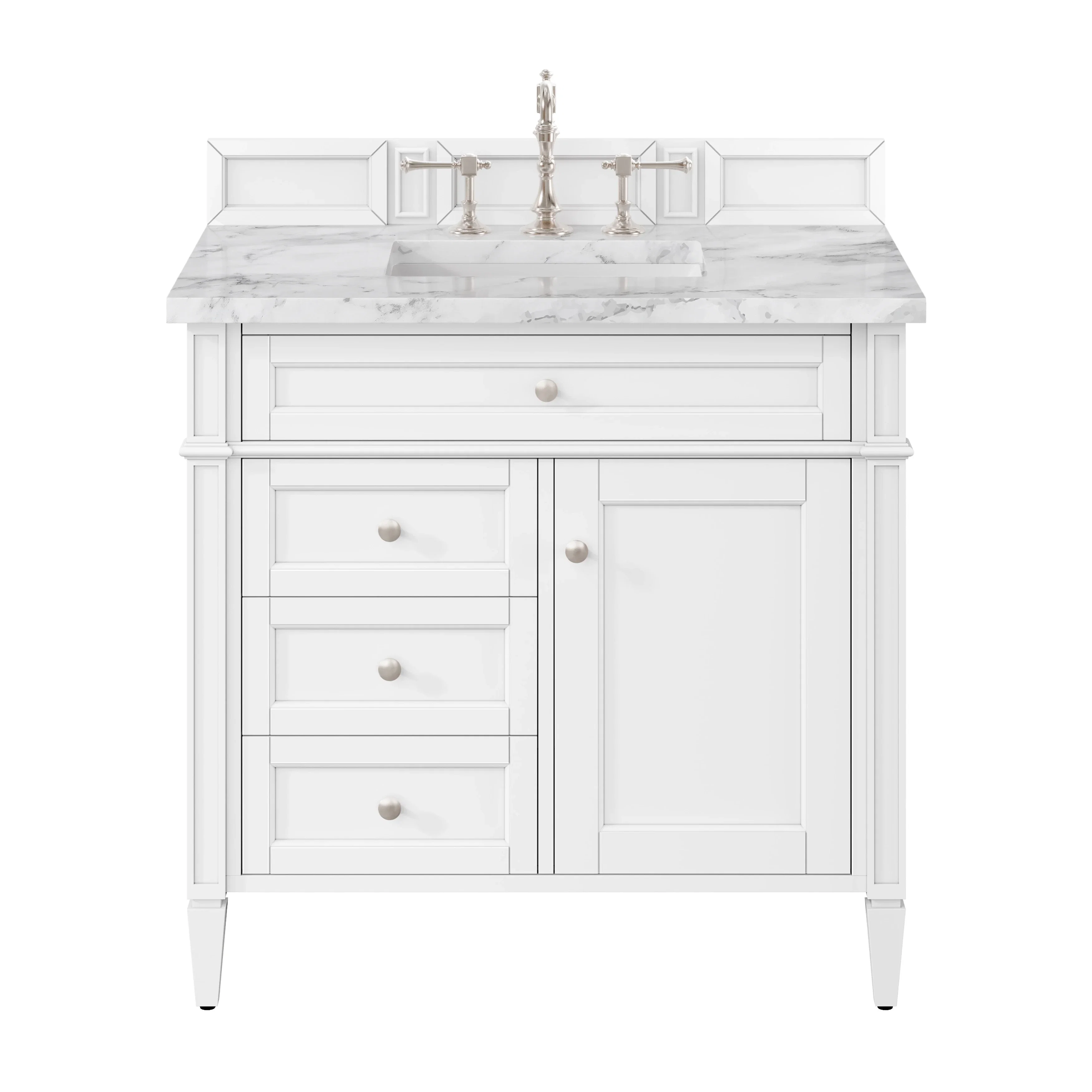 Brittany 36" Single Vanity, Bright White w/ 3 CM Carrara Marble Top