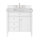 Brittany 36" Single Vanity, Bright White w/ 3 CM Carrara Marble Top