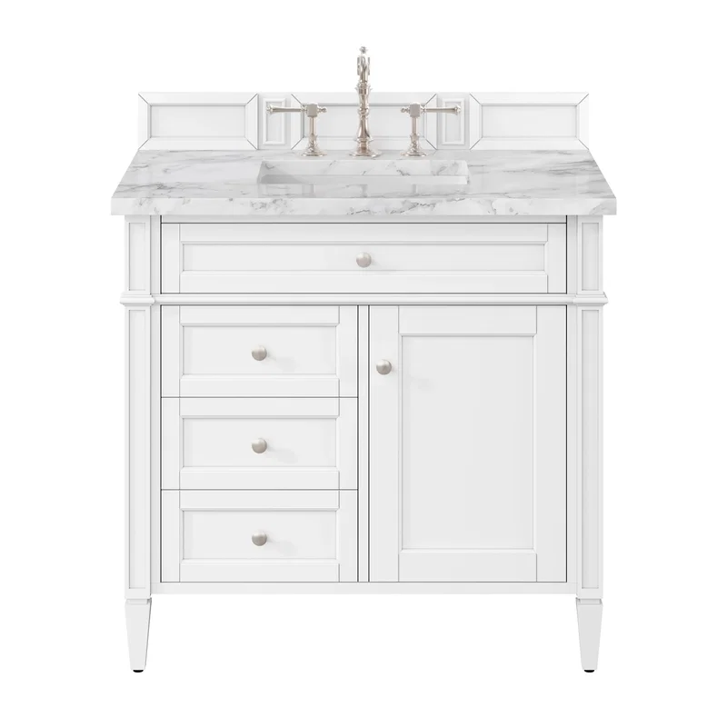 Brittany 36" Single Vanity, Bright White w/ 3 CM Carrara Marble Top