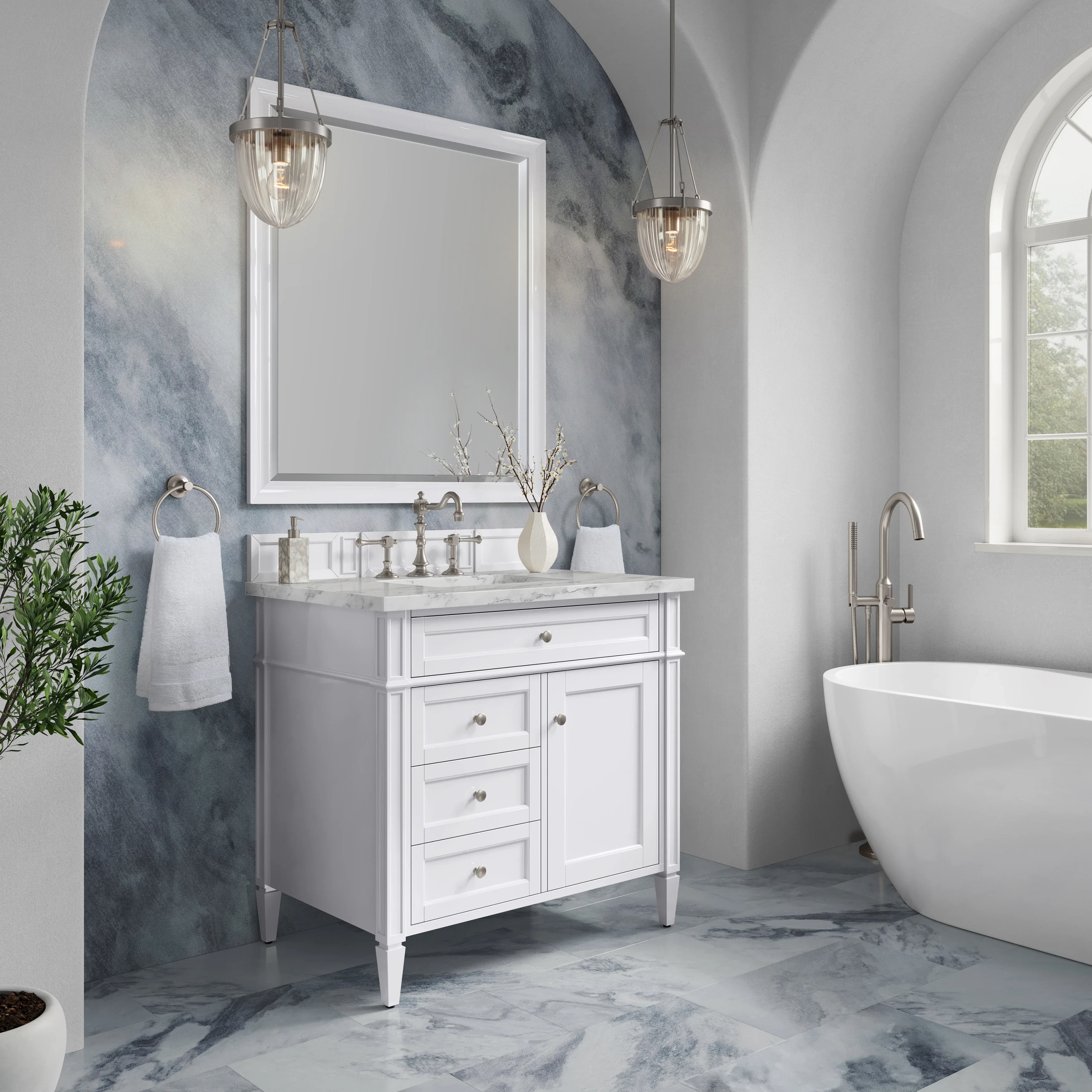 Brittany 36" Single Vanity, Bright White w/ 3 CM Carrara Marble Top
