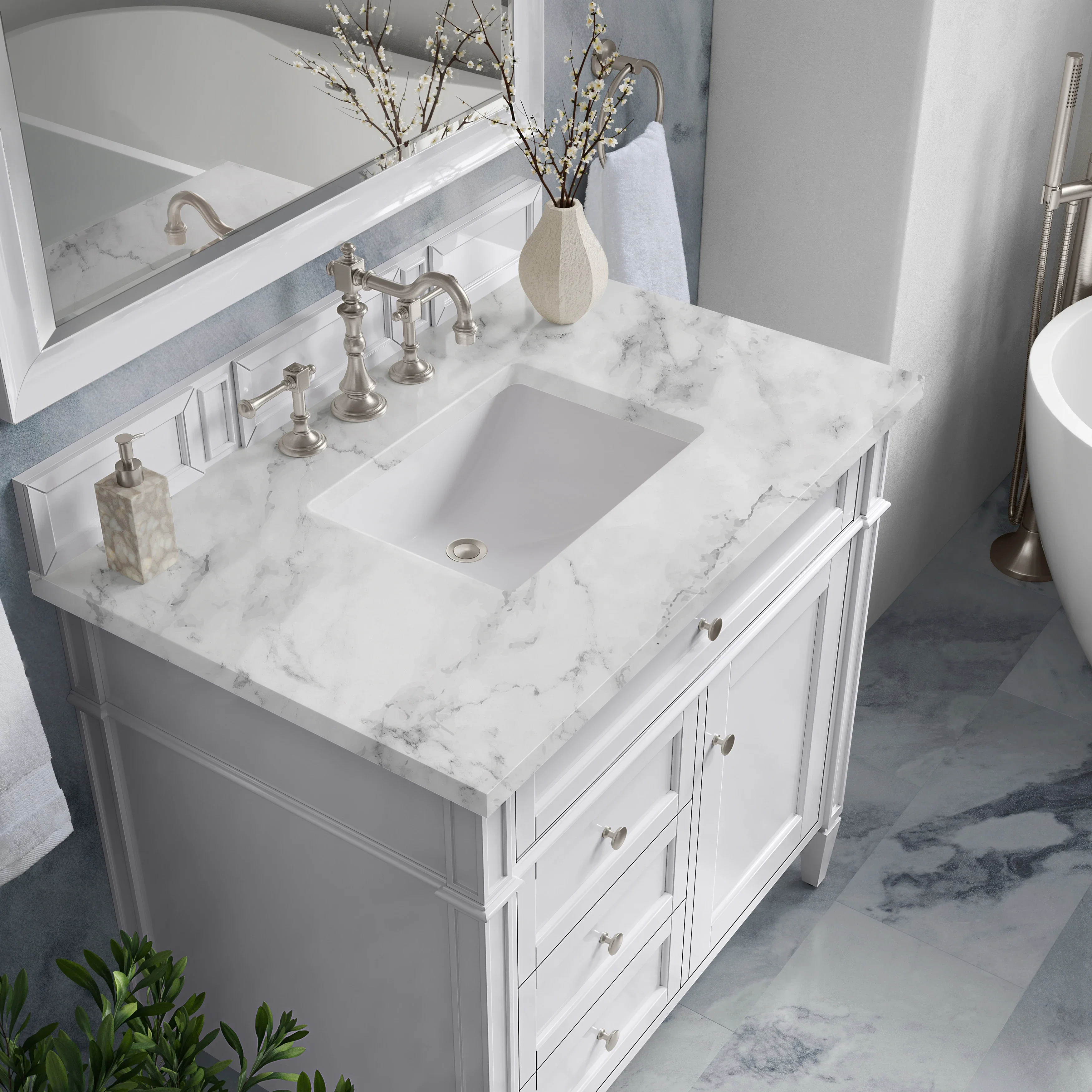 Brittany 36" Single Vanity, Bright White w/ 3 CM Carrara Marble Top