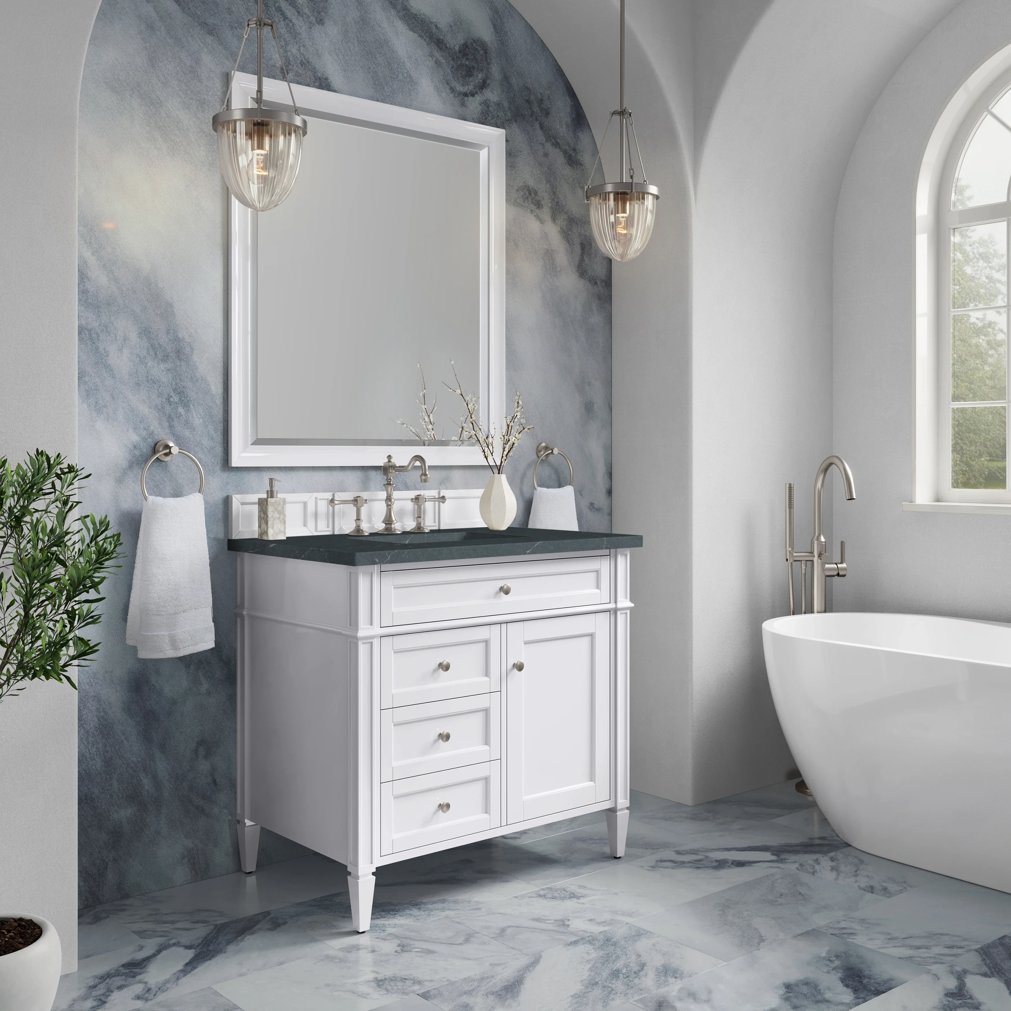 Brittany 36" Single Vanity, Bright White w/ 3 CM Charcoal Soapstone Silestone Top