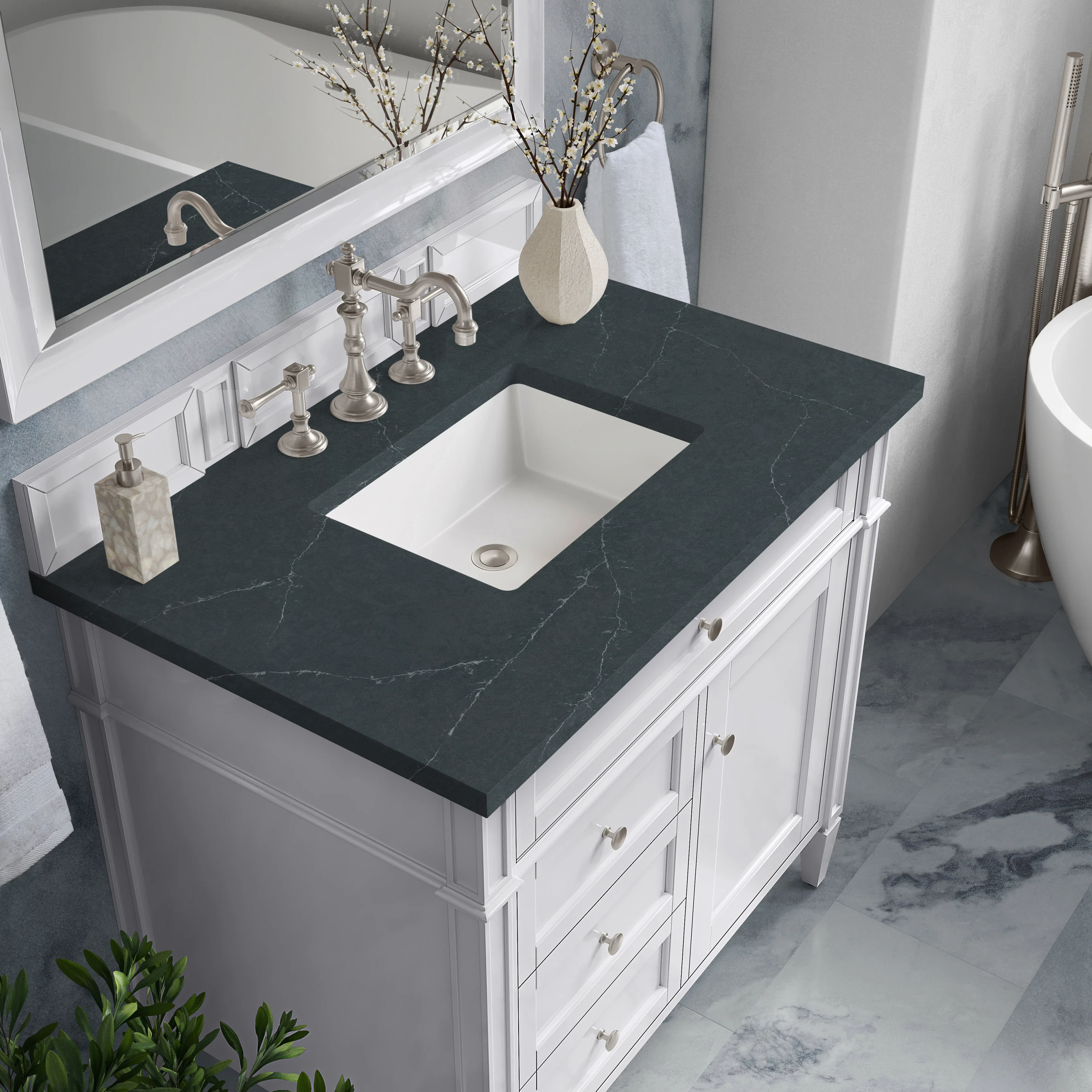 Brittany 36" Single Vanity, Bright White w/ 3 CM Charcoal Soapstone Silestone Top