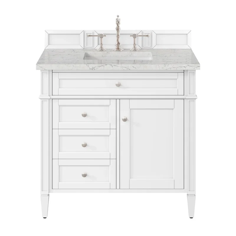 Brittany 36" Single Vanity, Bright White w/ 3 CM Eternal Jasmine Pearl Silestone Top