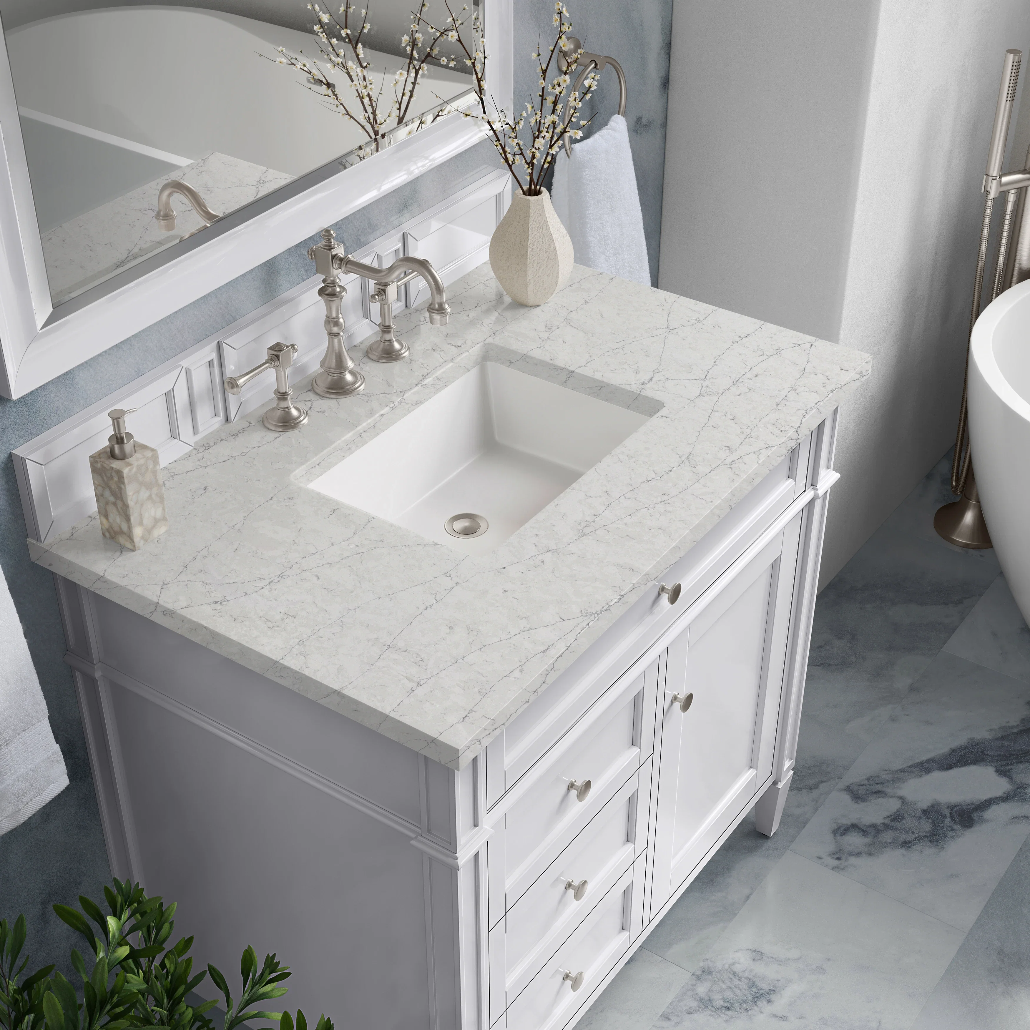 Brittany 36" Single Vanity, Bright White w/ 3 CM Eternal Jasmine Pearl Silestone Top