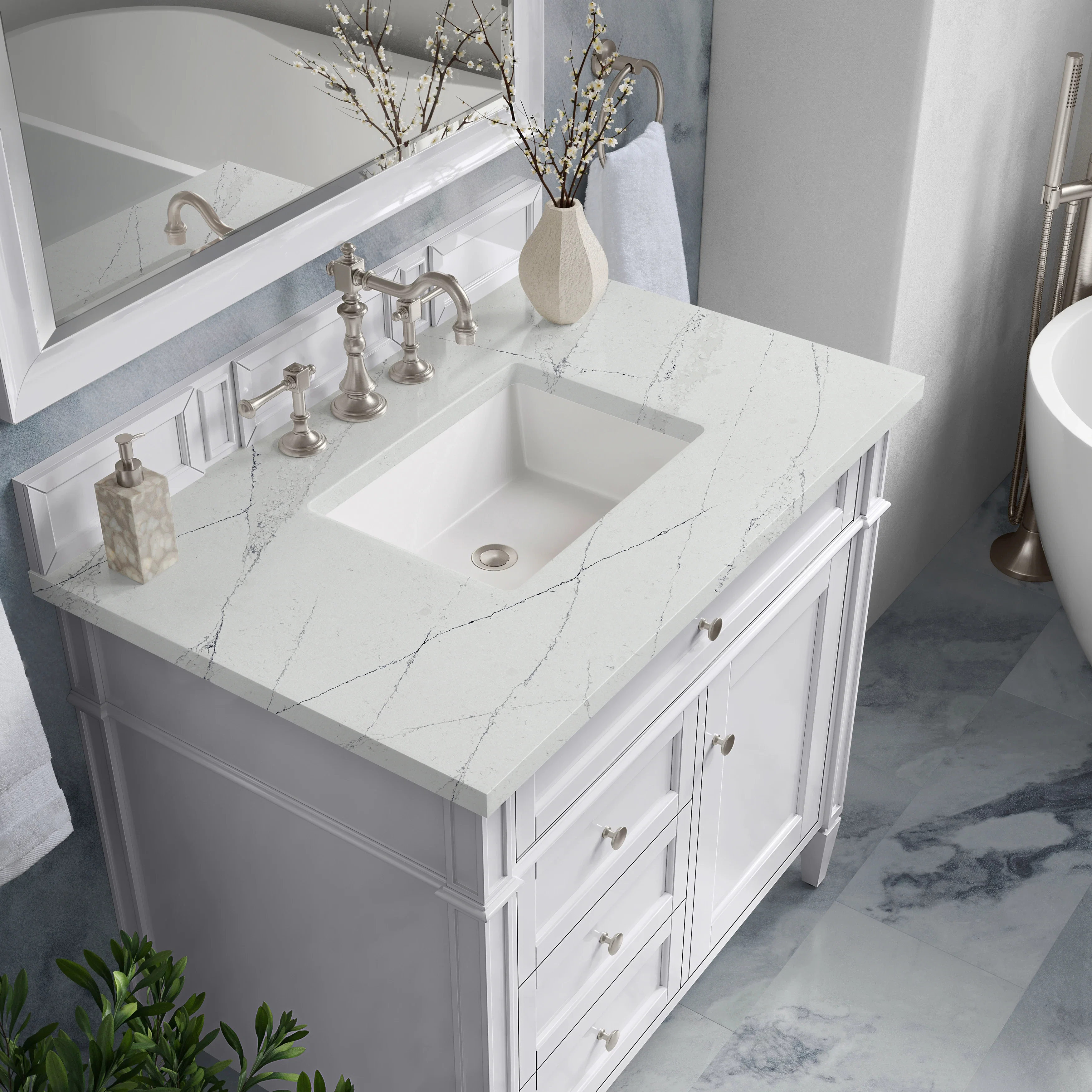 Brittany 36" Single Vanity, Bright White w/ 3 CM Ethereal Noctis Silestone Top