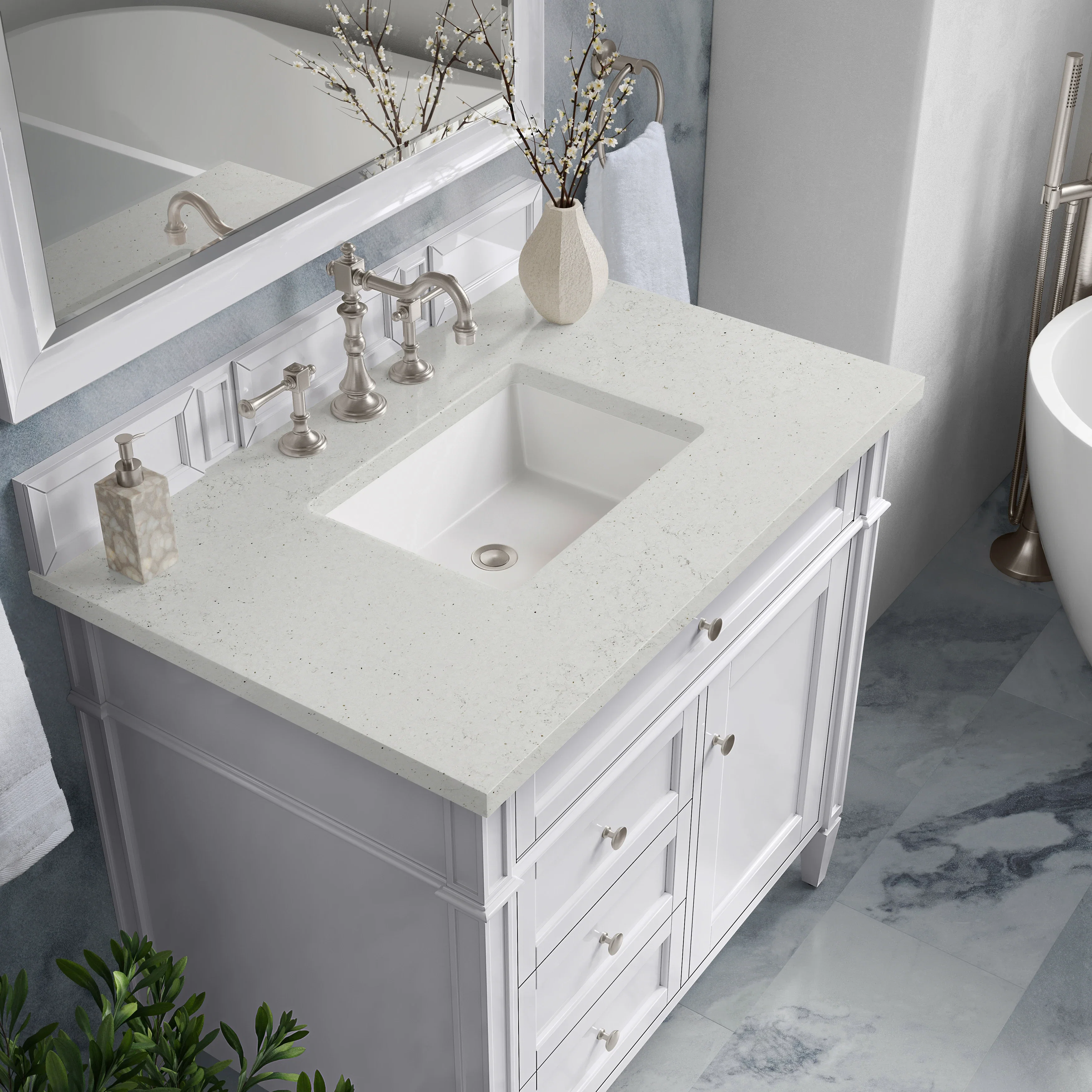 Brittany 36" Single Vanity, Bright White w/ 3 CM Lime Delight Silestone Top