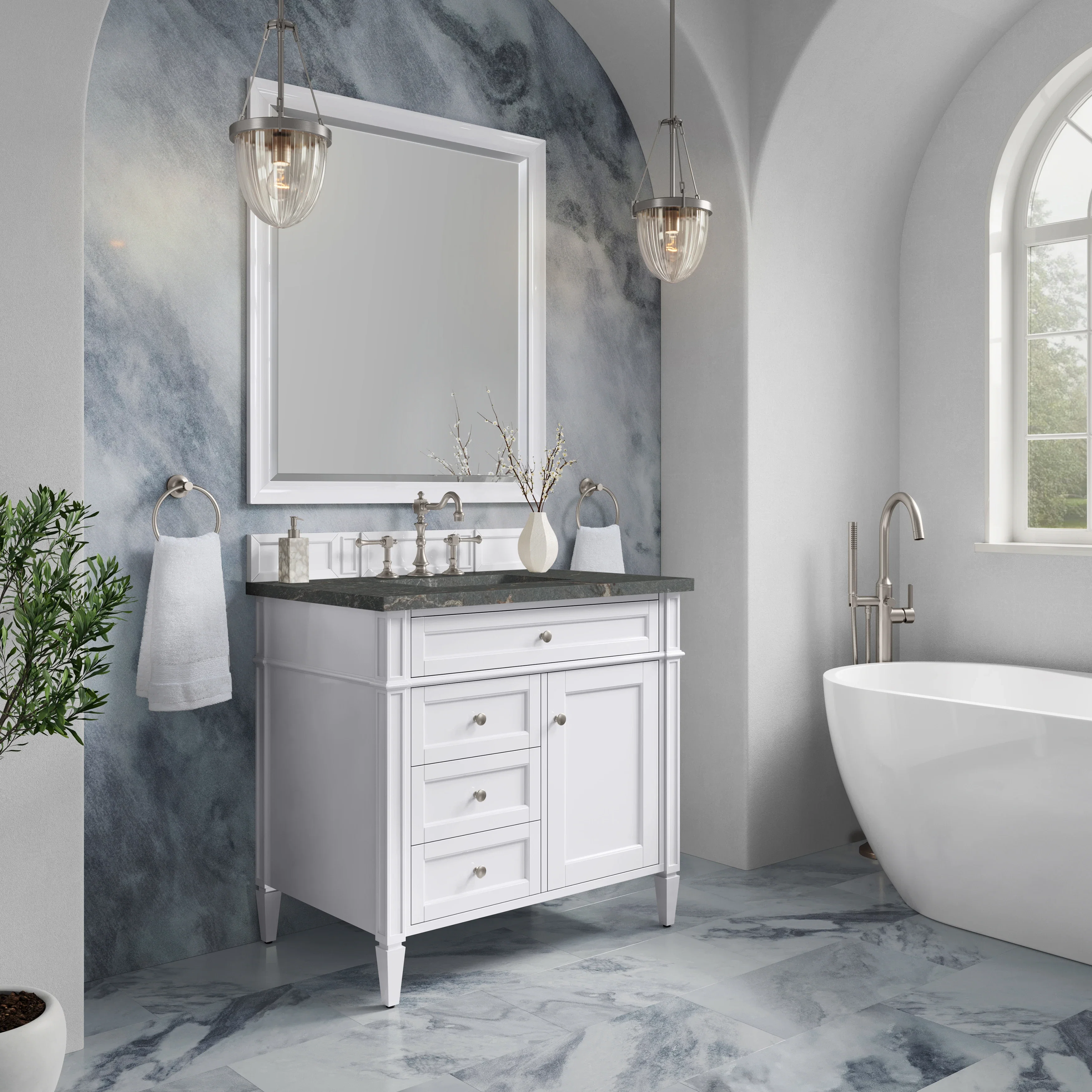 Brittany 36" Single Vanity, Bright White w/ 3 CM Parisien Bleu Silestone Top