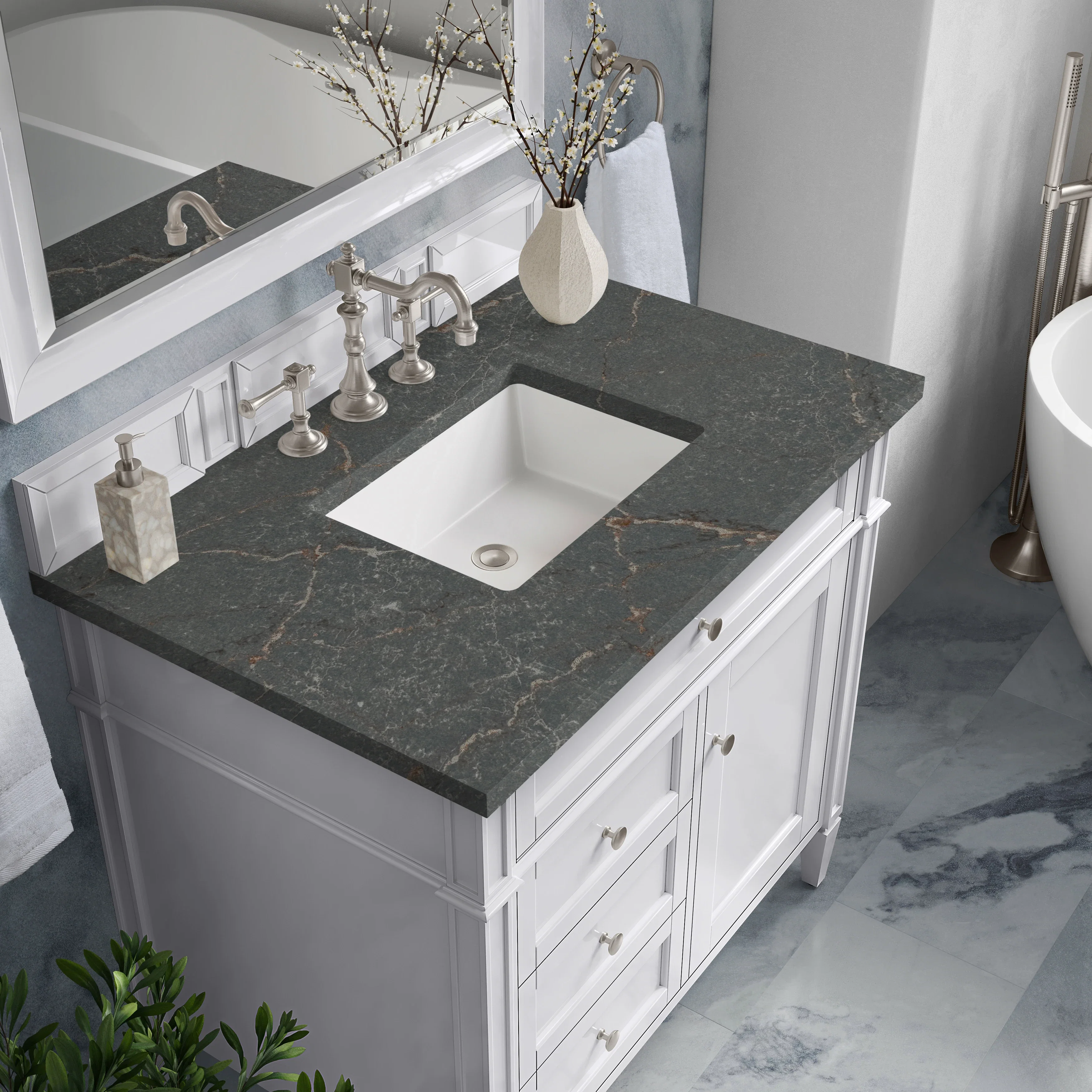 Brittany 36" Single Vanity, Bright White w/ 3 CM Parisien Bleu Silestone Top