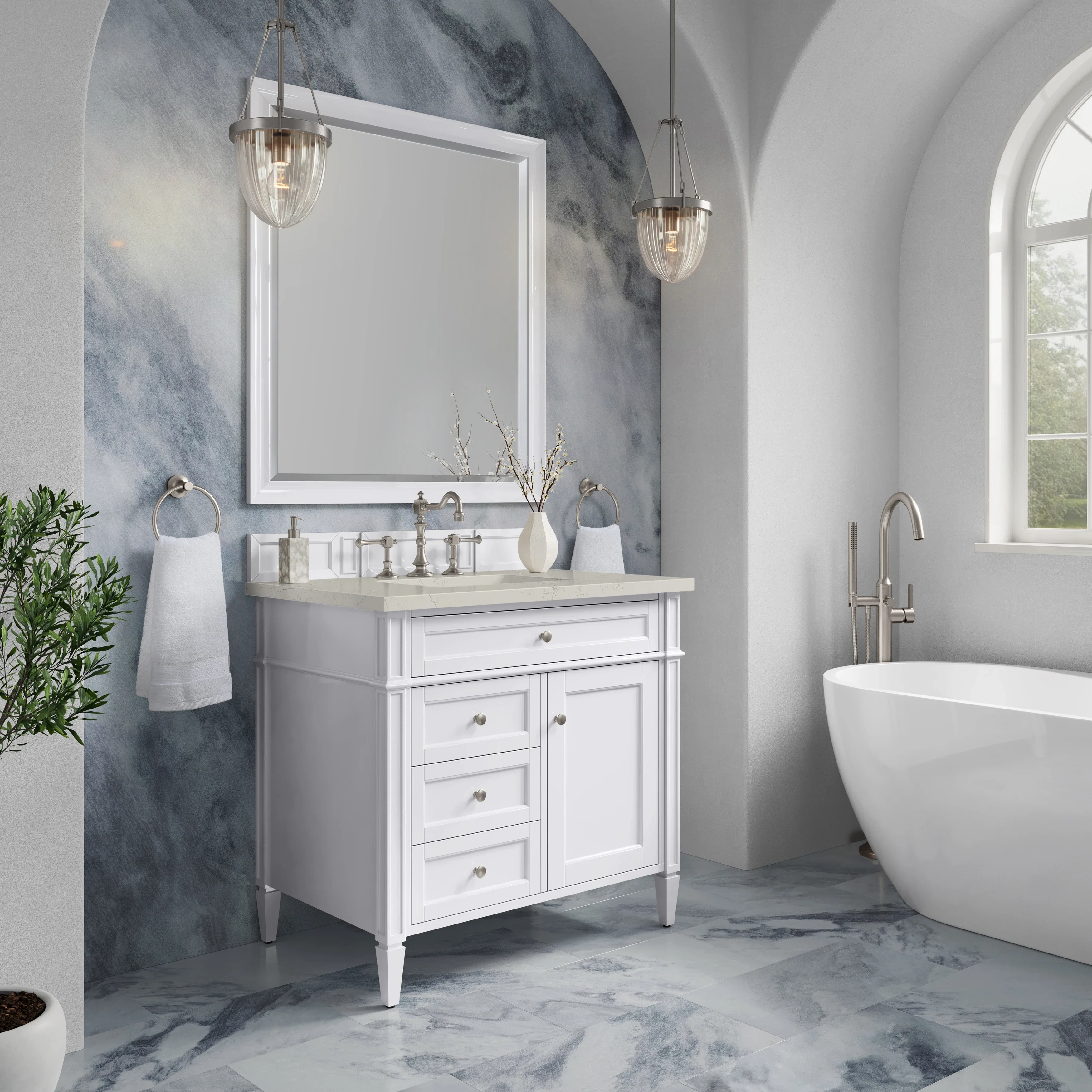 Brittany 36" Single Vanity in Bright White, w/ 3 CM Siberian Silestone Top