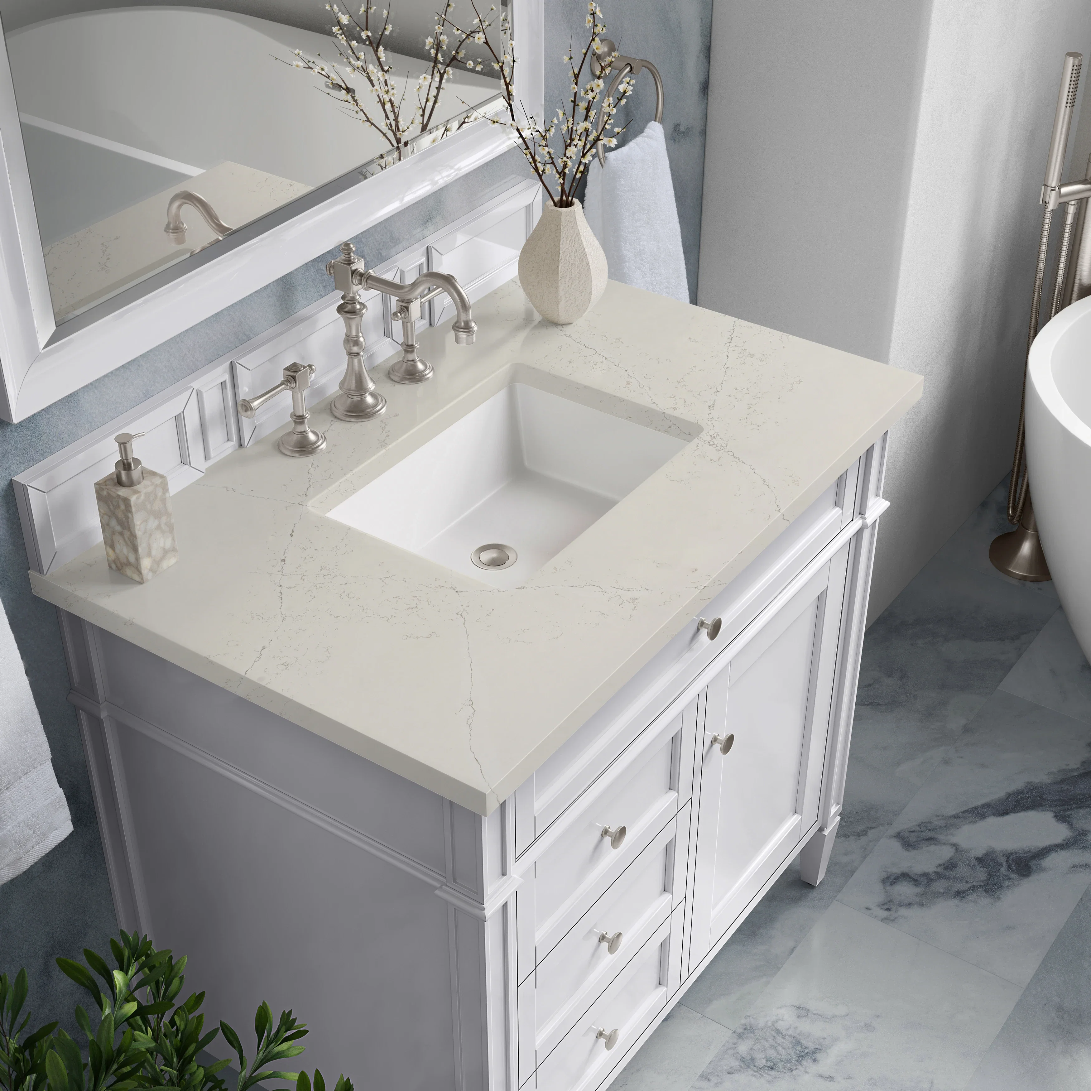 Brittany 36" Single Vanity in Bright White, w/ 3 CM Siberian Silestone Top