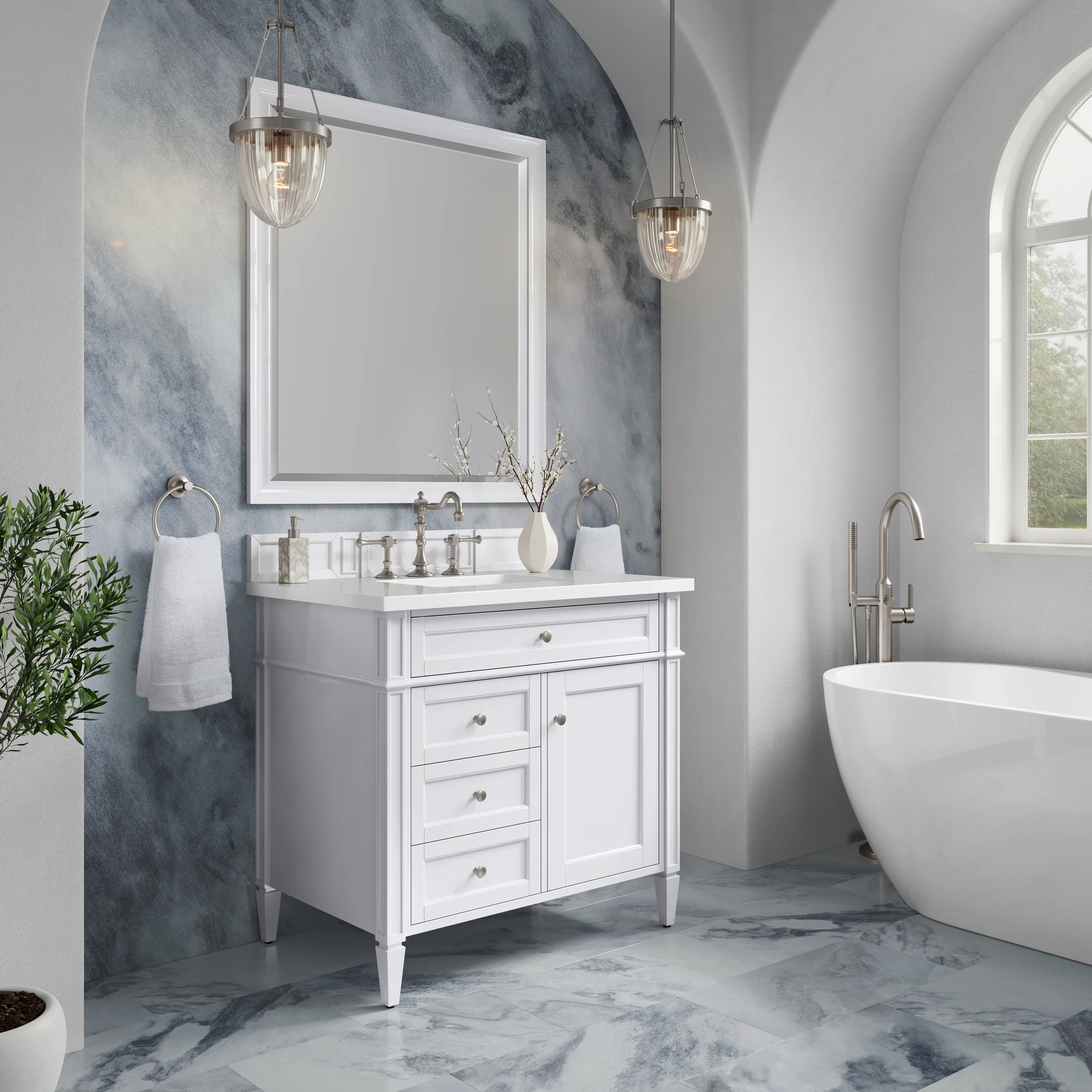 Brittany 36" Single Vanity, Bright White w/ 3 CM White Zeus Silestone Top