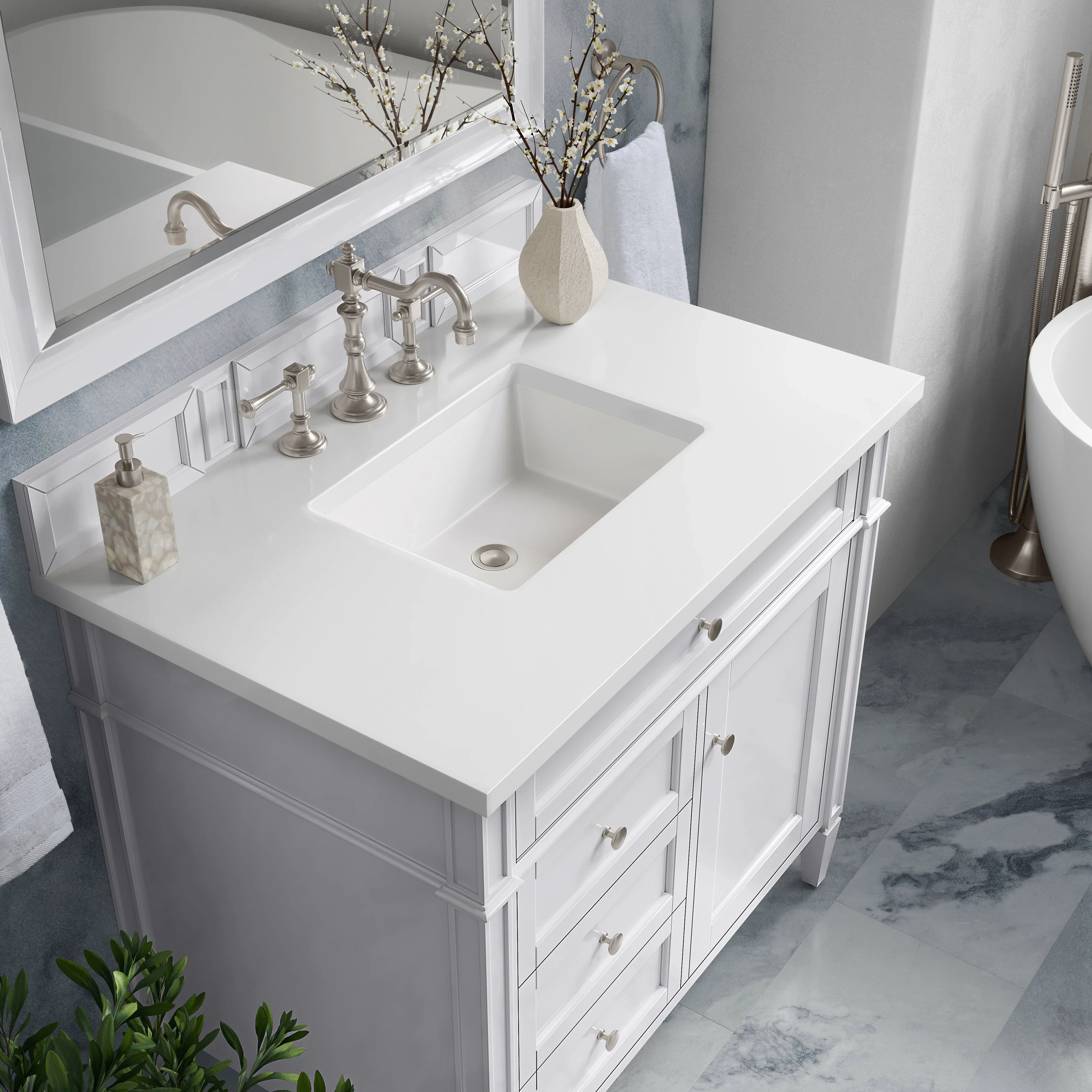 Brittany 36" Single Vanity, Bright White w/ 3 CM White Zeus Silestone Top