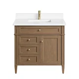 Brittany 36" Single Vanity, Pecan w/ Single Hole 3 CM White Zeus Silestone Top and Matching Backsplash