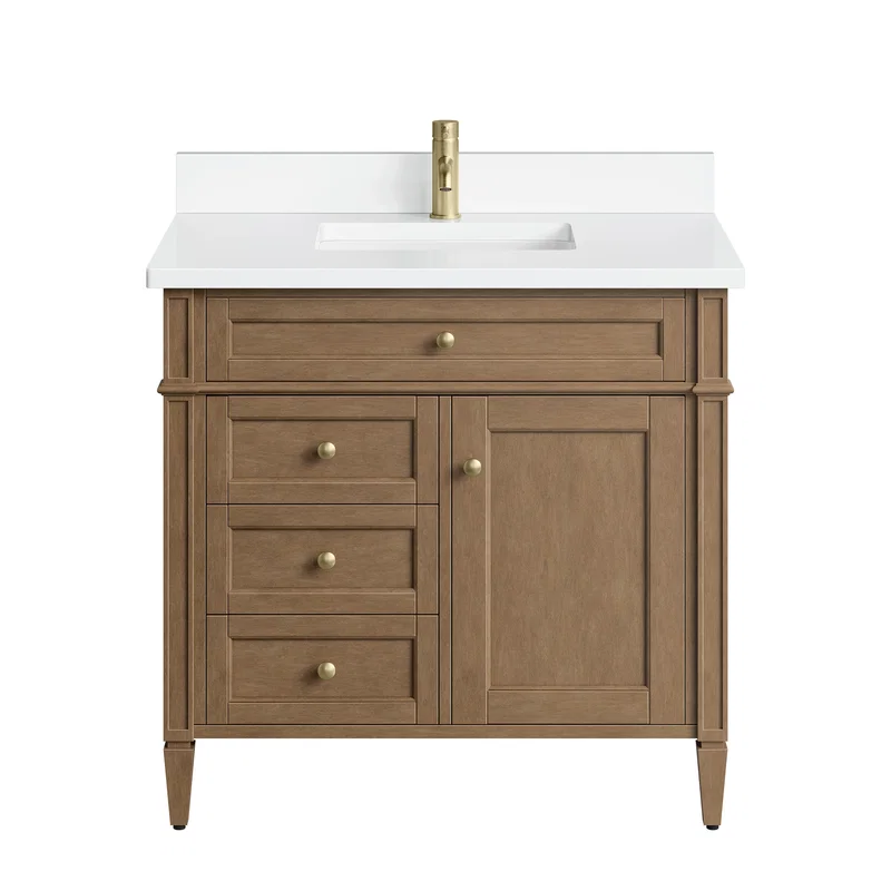 Brittany 36" Single Vanity, Pecan w/ Single Hole 3 CM White Zeus Silestone Top and Matching Backsplash
