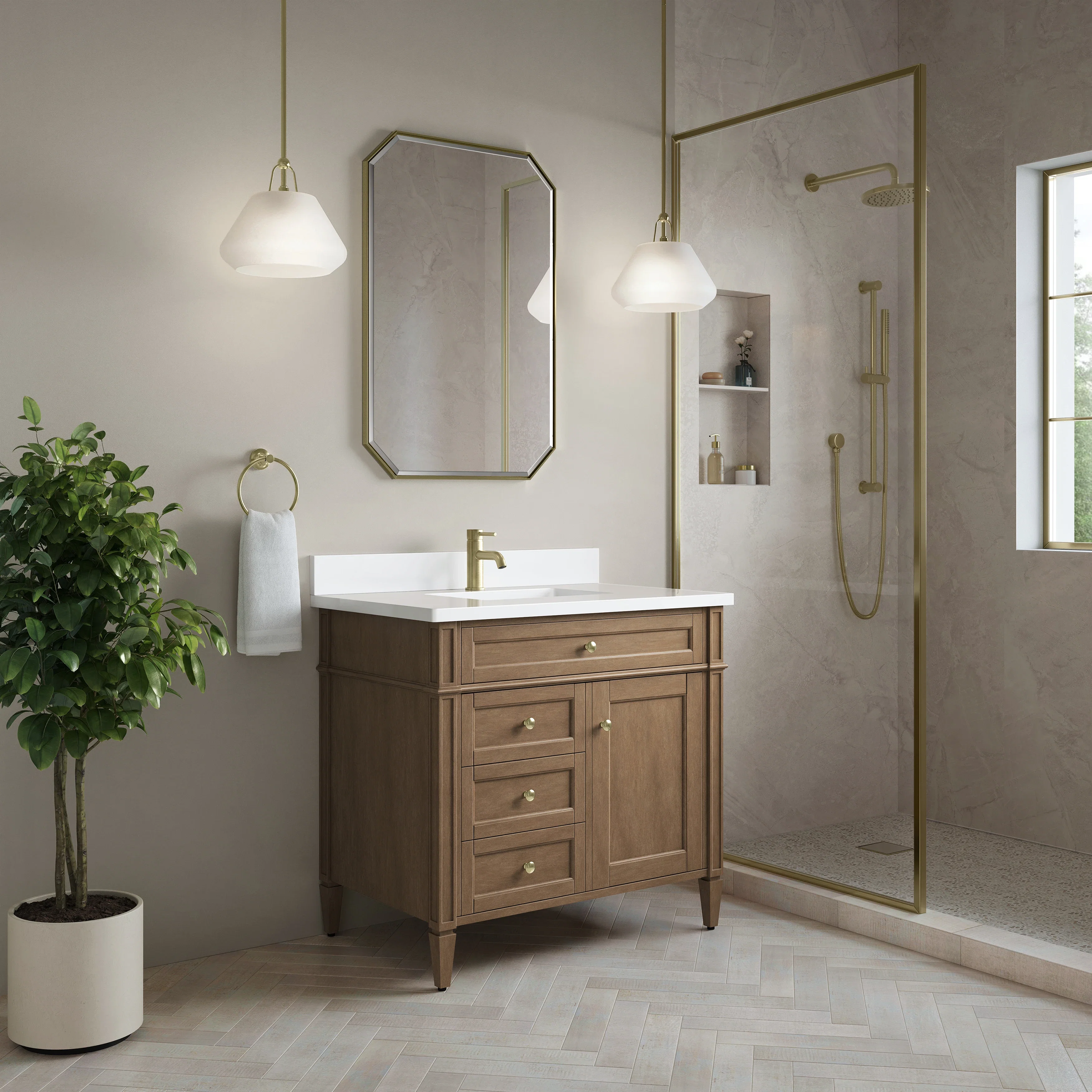 Brittany 36" Single Vanity, Pecan w/ Single Hole 3 CM White Zeus Silestone Top and Matching Backsplash