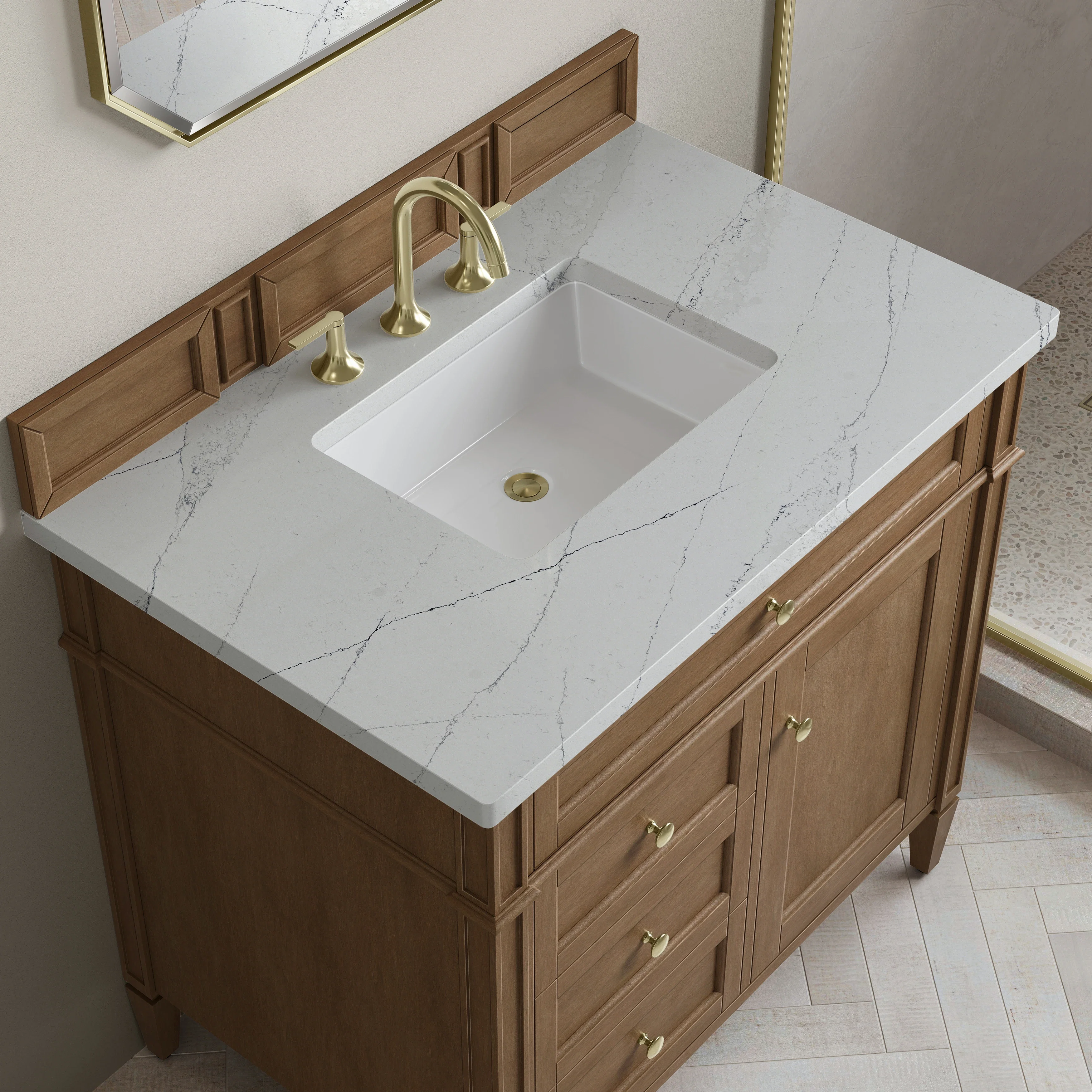 Brittany 36" Single Vanity, Pecan w/ 3 CM Ethereal Noctis Silestone Top
