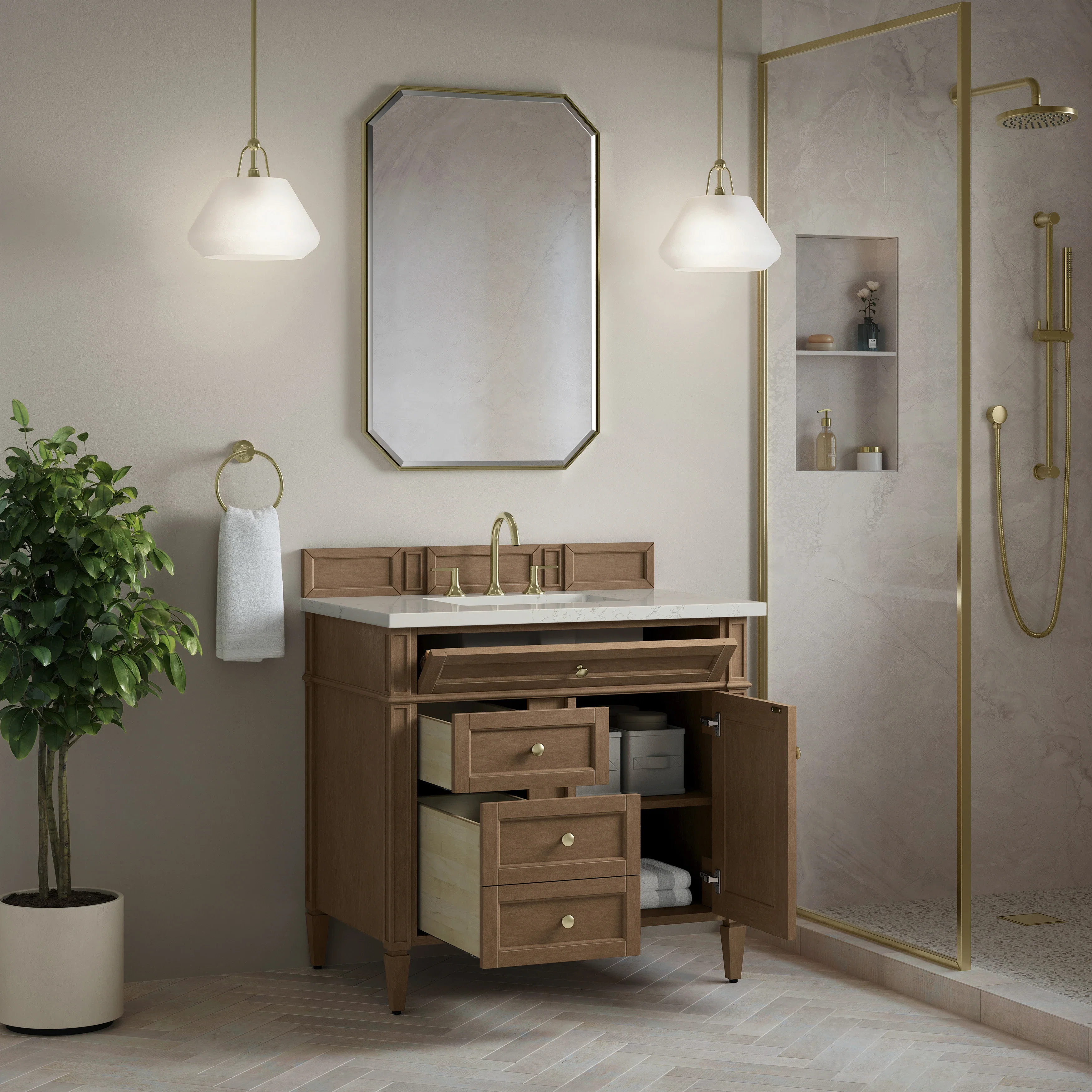 Brittany 36" Single Vanity, Pecan w/ 3 CM Siberian Silestone Top