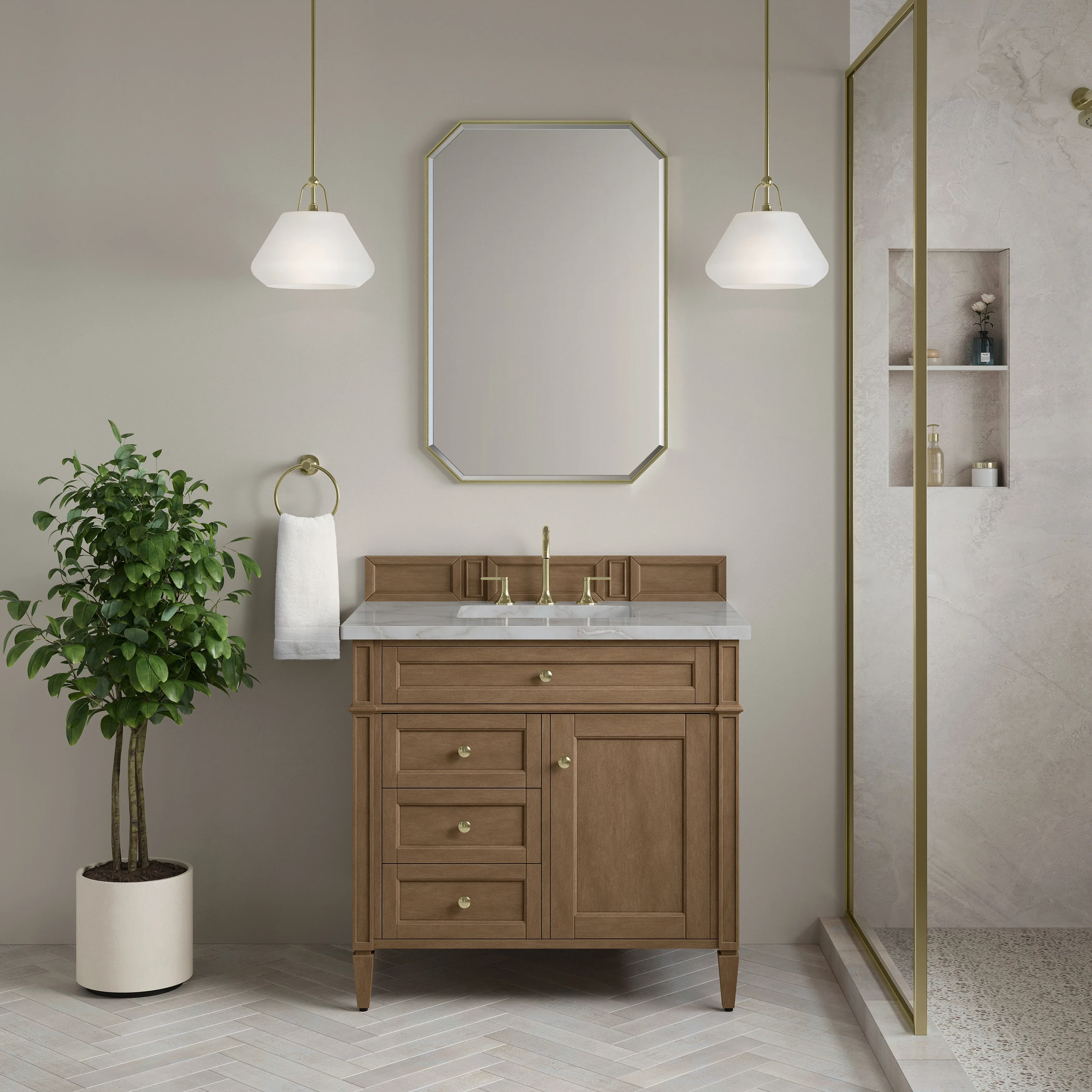 Brittany 36" Single Vanity, Pecan w/ 3 CM Victorian Silver Silestone Top